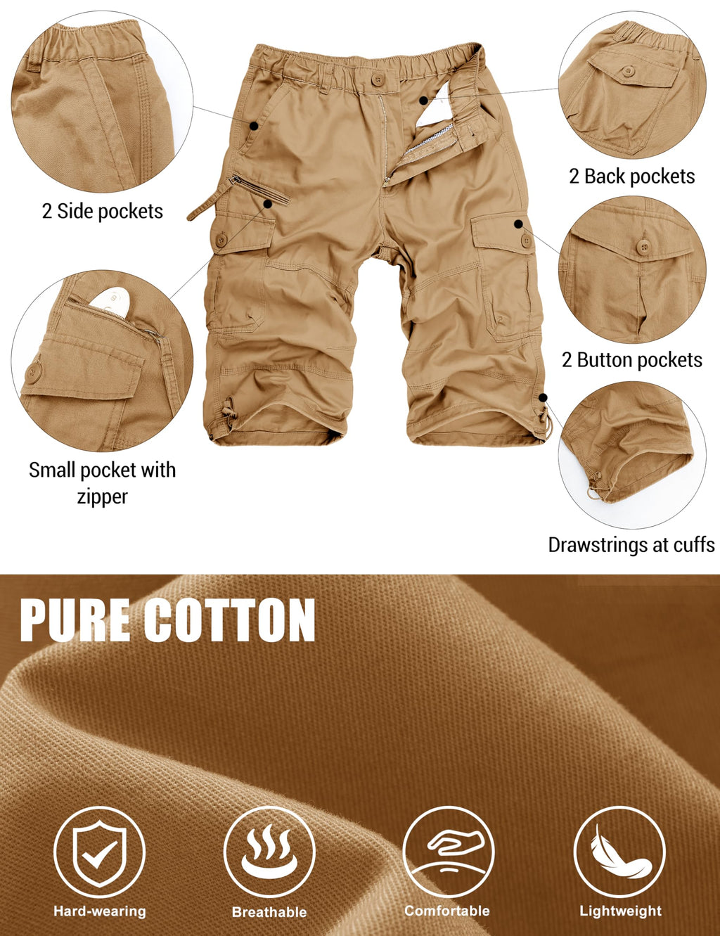 MAGCOMSEN Mens Cargo Shorts Long Capri Elastic Below The Knee 3/4 Cotton Casual Summer Long Shorts with Pockets Khaki 34