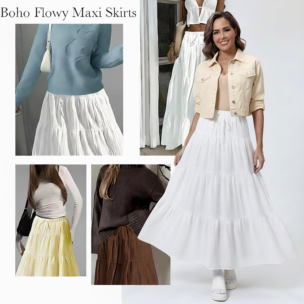 DERAX Women's Boho Flowy Maxi Skirts Elegant Flared Ruffle Hem Elastic High Waisted Summer Fall A Line Long Skirts White S