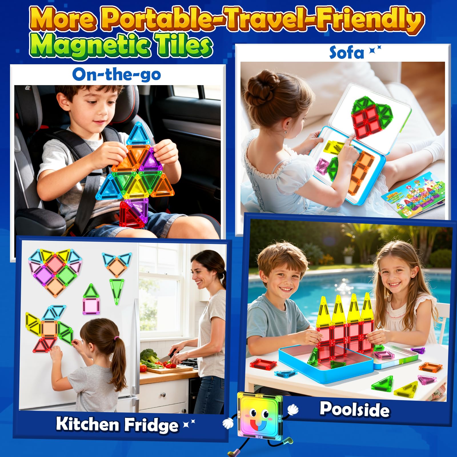 Soyee Mini Magnetic Tiles 60PCS Toddler Kids Toys Travel Set with Metal Tin Case, Portable STEM Building Blocks Kids Toy for 3 4 5 6 7 8 Year Old Boys & Girls, Educational Toddler Kids