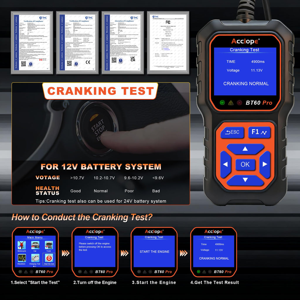 Acclope BT60 PRO Car Battery Tester 6V/12V/24V, 2–120Ah, 100–3000 CCA, Alternator & Starter/Charging System Analyzer, Automotive Load Test, QR Cloud Report (No App), for Car Truck Motorcycle Marine/RV