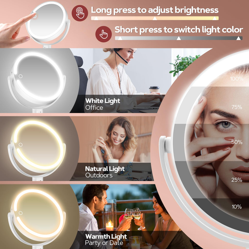 B Beauty Planet Vanity Mirror with Lights, 30X Magnifying Makeup Mirror with 3 Lighting and Adjustable Brightness, Rechargeable 2-Sided Height Adjustable Desk Mirror for Bathroom, Gift for Women White