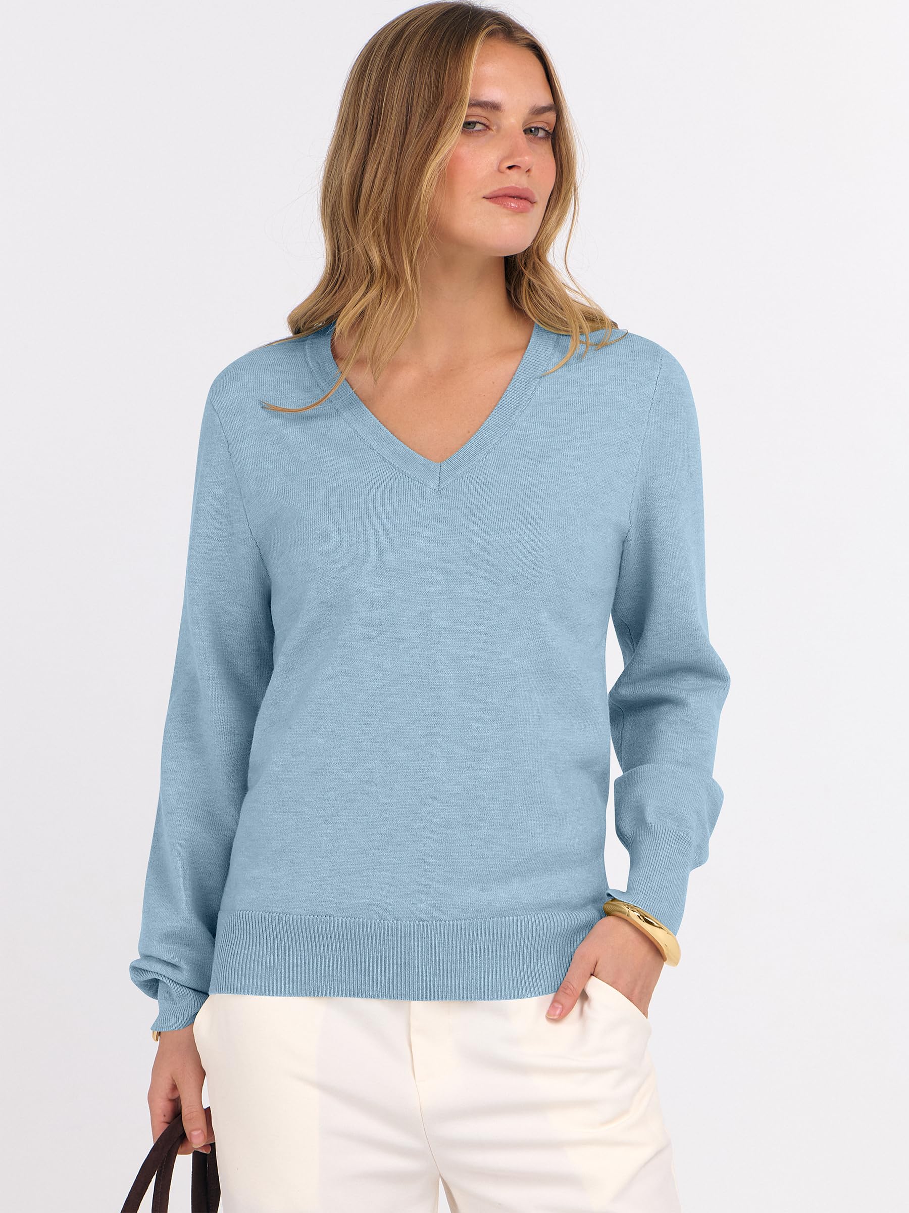 ANRABESS Womens Long Sleeve V Neck Sweaters 2025 Fall Casual Classic Soft Loose Fit Basic Pullover Jumper Top Light Blue Medium