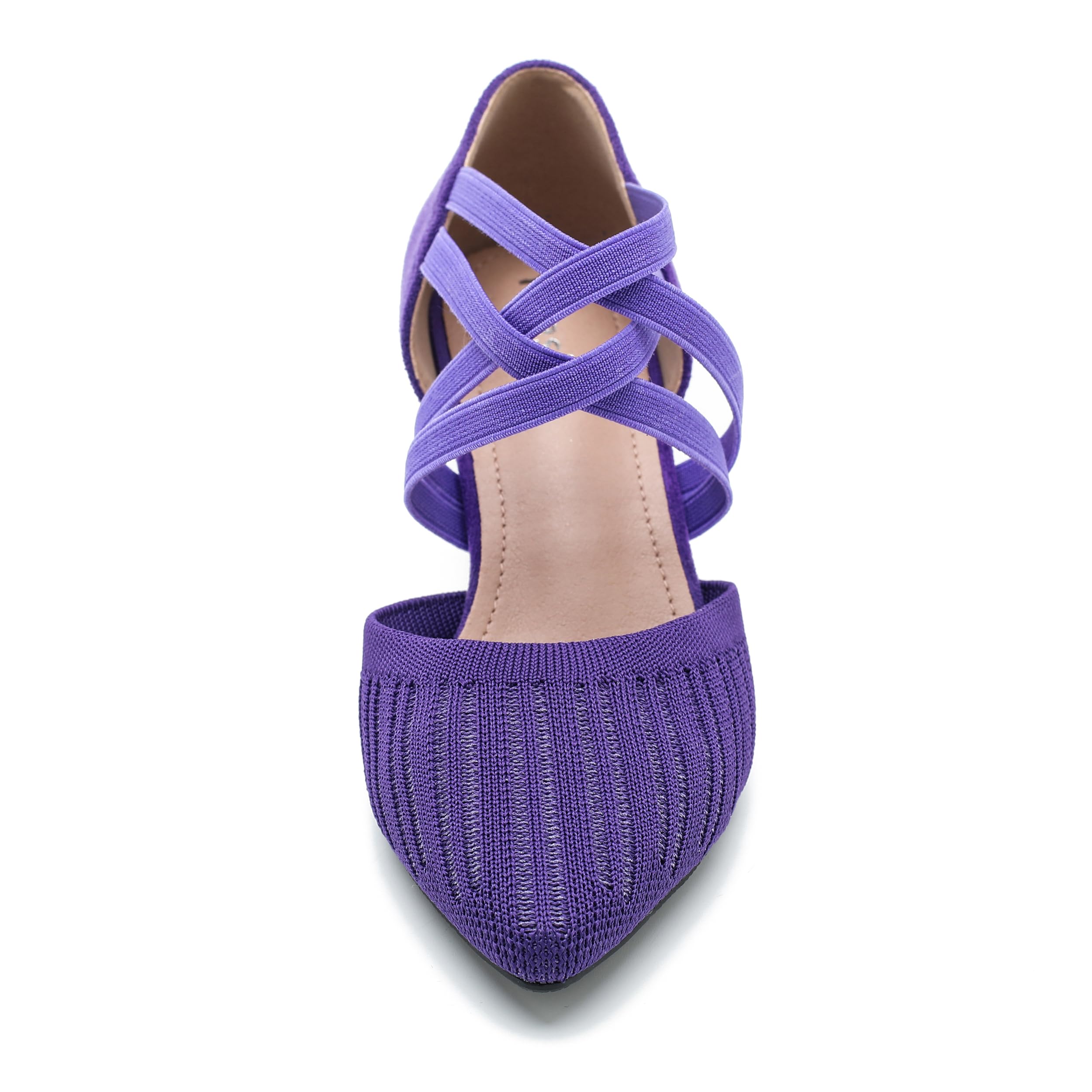 Women's Pointed Toe Kitten Heel Pumps, Elastic Cross Strap, Knit Slip On Dress Shoes Purple 40 - Insole Length: 25cm/9.84 inch - US 8