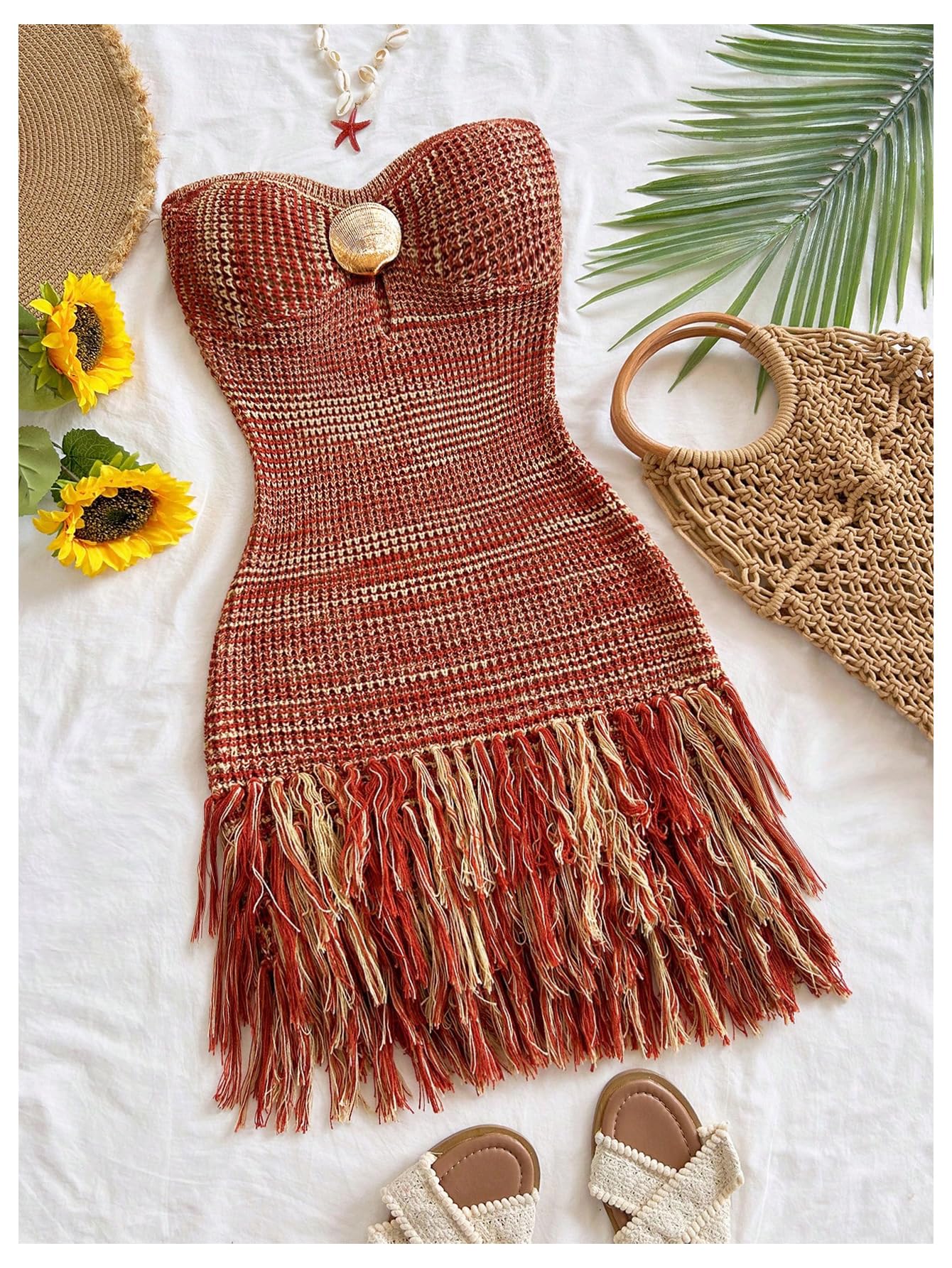 WDIRARA Women's Metal Fringe Hem Knitted Tube Dress Cut Out Layered Mini Boho Dresses Multicolor Large