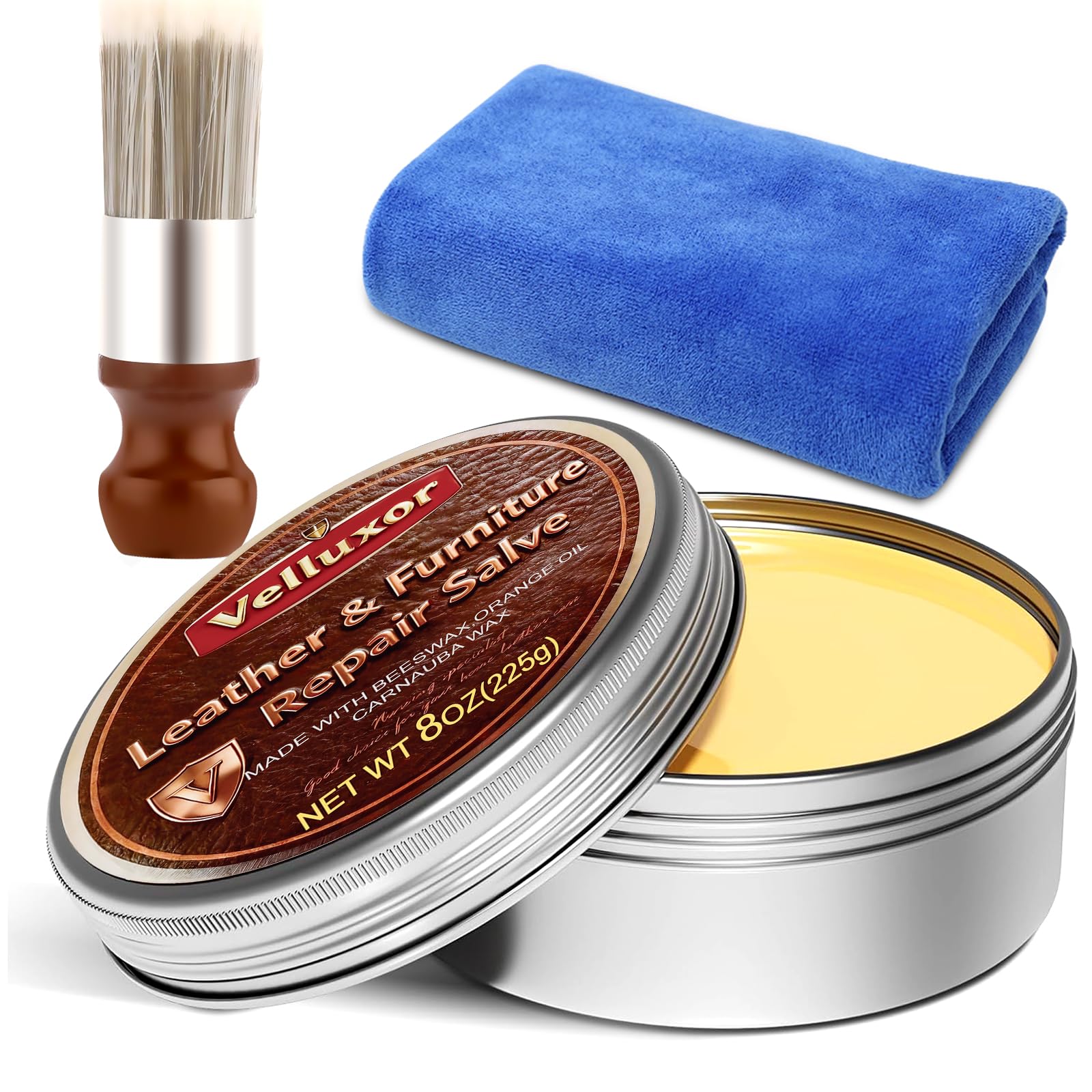 Velluxor® Leather Cleaner and Conditioner, Premium Wooden & Leather Furniture Repair Salve, Polisher & Moisturizer, Restores & Protects for Handbags, Car Seats, Boots, Jackets, Couch & Saddles, 8 oz