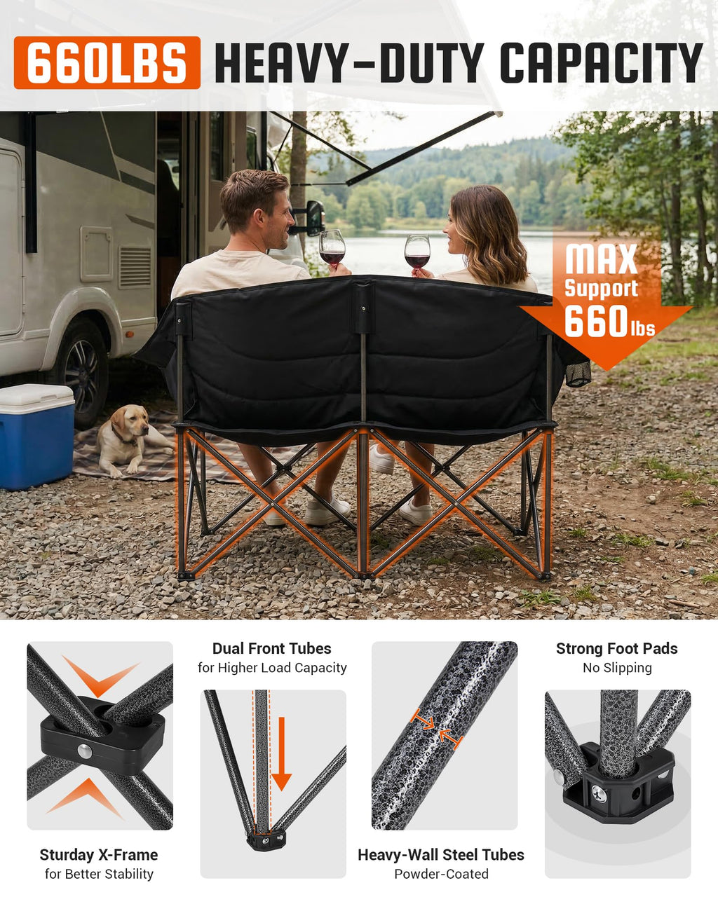 KingCamp Double Camping Chair, Oversized Heavy Duty 660lbs Loveseat for Adults Portable Folding XL 2 Person Couch Padded Comfortable Two Seat with Cup Holder for Outdoor Lawn Backyard, Black