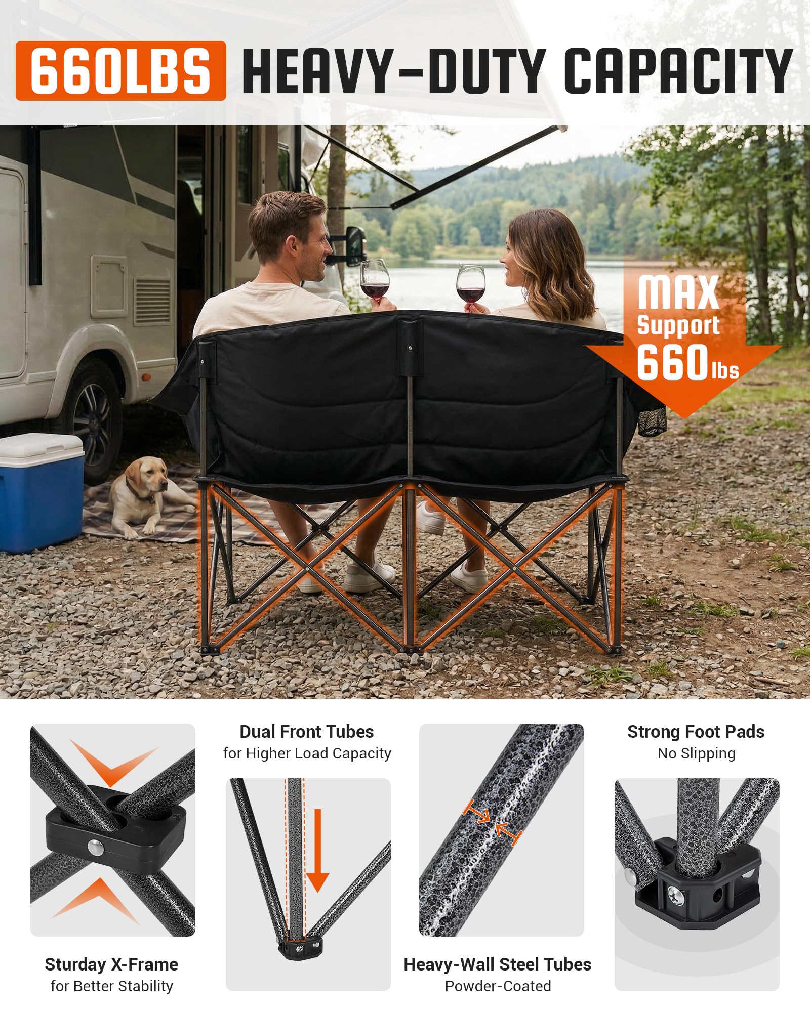 KingCamp Double Camping Chair, Oversized Heavy Duty 660lbs Loveseat for Adults Portable Folding XL 2 Person Couch Padded Comfortable Two Seat with Cup Holder for Outdoor Lawn Backyard, Black