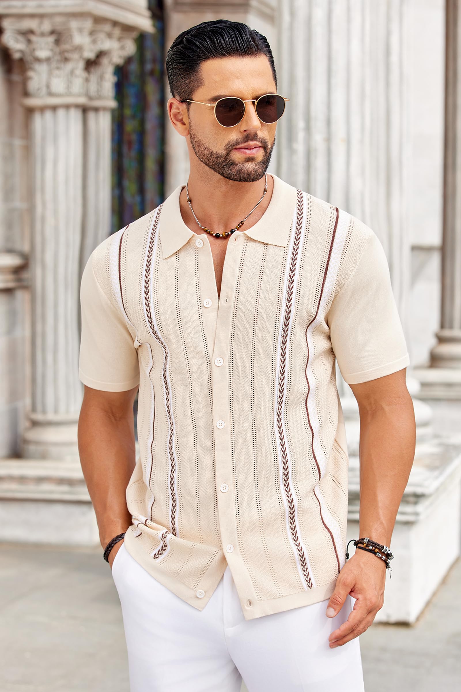 COOFANDY Mens Beach Shirts Cuban Crochet Shirt Short Sleeve Button Down Shirts Trendy Old Money Clothes Bowling Shirts Khaki Cream Beige XL
