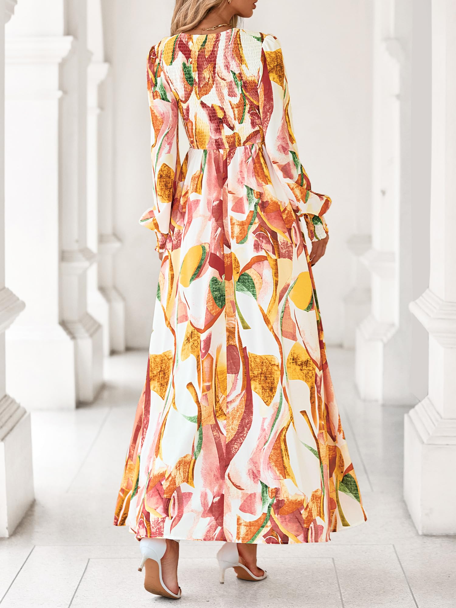 BTFBM Women Fall Wedding Guest Maxi Dresses 2025 Floral V Neck Long Sleeve Boho Long Dress Vacation(Pink Watercolour,Medium)