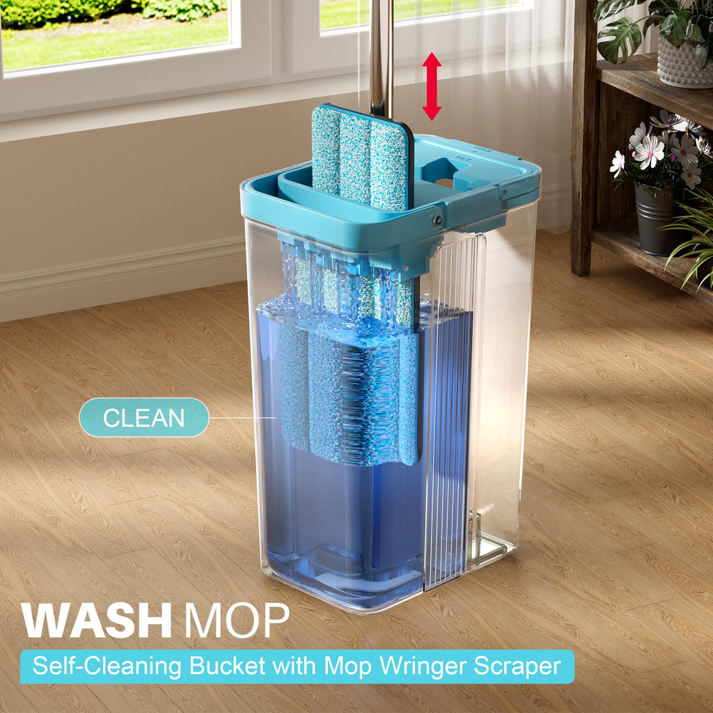 JOYMOOP Mop and Bucket Set with Wringer, Mops for Floor Cleaning, Wall Mop Cleaner with Long Handle, with 4 Reusable Microfiber Mop Pads - Grey+Cyan Blue