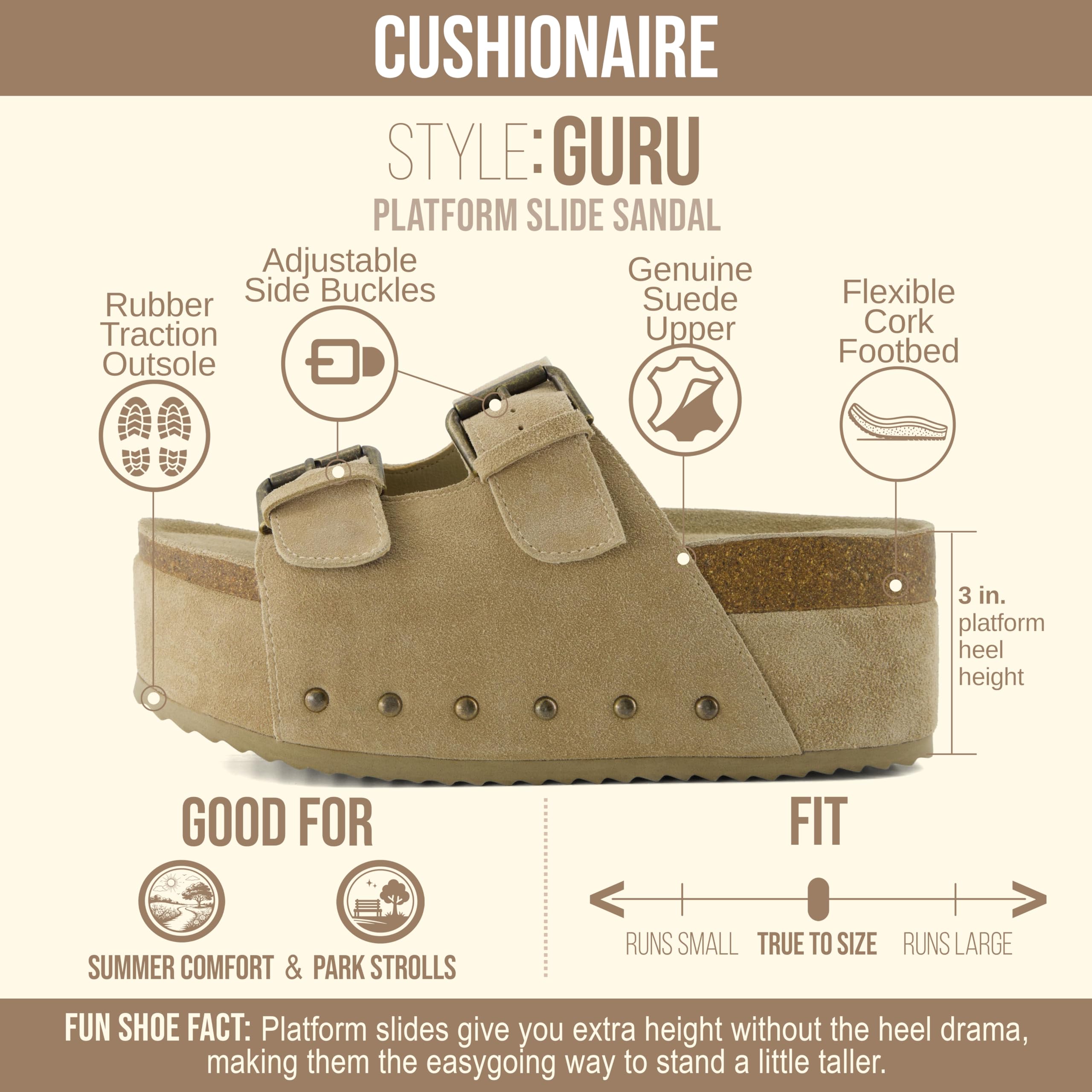 CUSHIONAIRE Guru Platform Sandals Women Footwear – Comfortable Genuine Leather Footbed Studded Chunky Slide Summer Sandals for Women 2026, KHAKI 6.5W