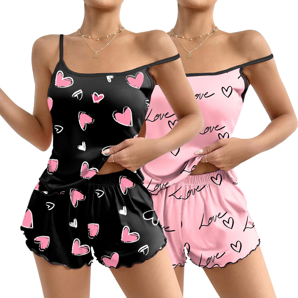 Ekouaer 2 Pack Womens Cami Pajama Sets Cute Print Tank Top Pjs and Shorts Camisole Lounge Set Black Heart&Pink Love