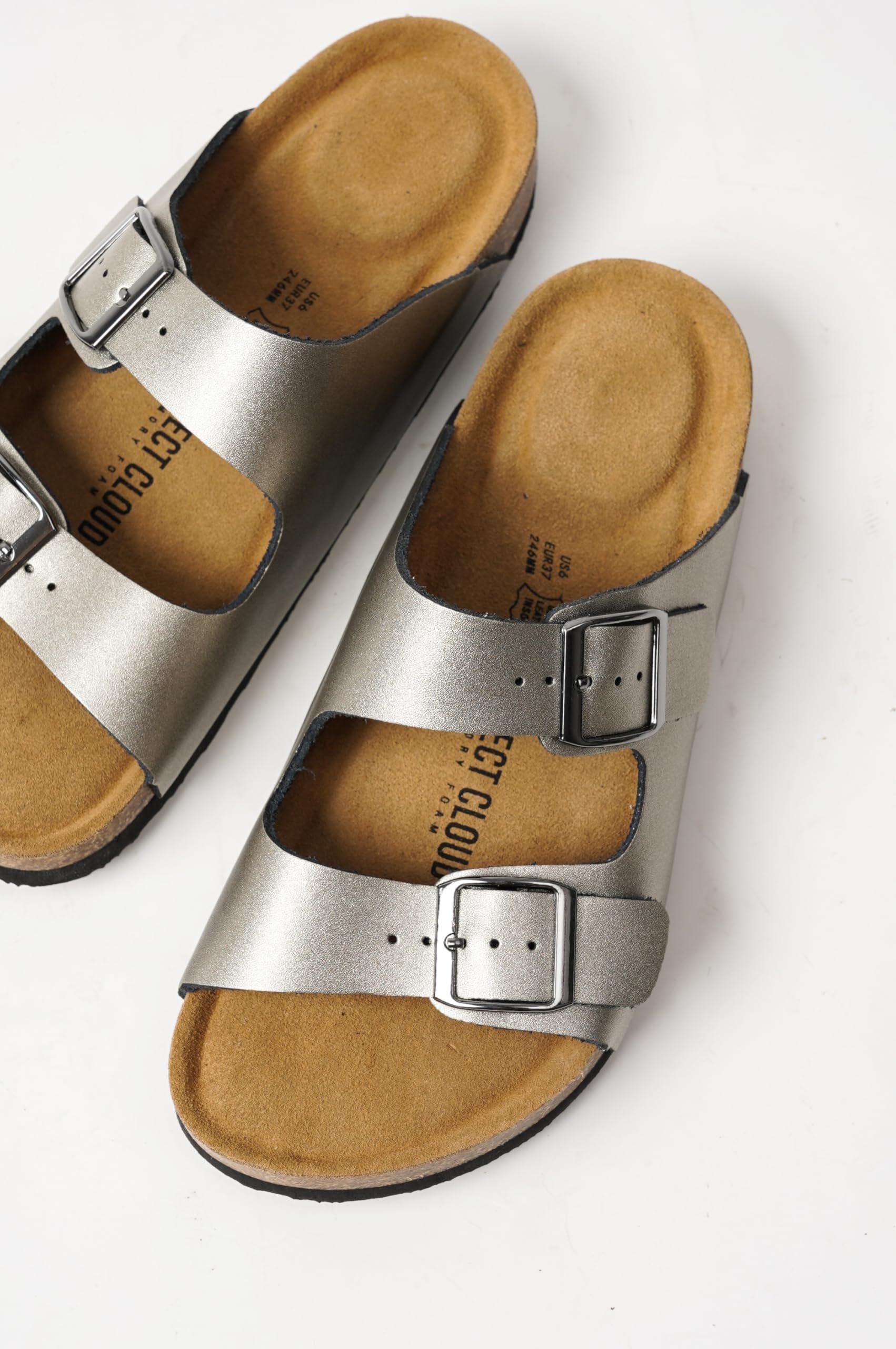 Project Cloud 100% Genuine Leather Flat Sandals For Women 2026 Cork Footbed Womens Sandals with Memory Foam and arch support Vacation Essentials Slides for Women Footwear (Venita, Pewter, 5.5)
