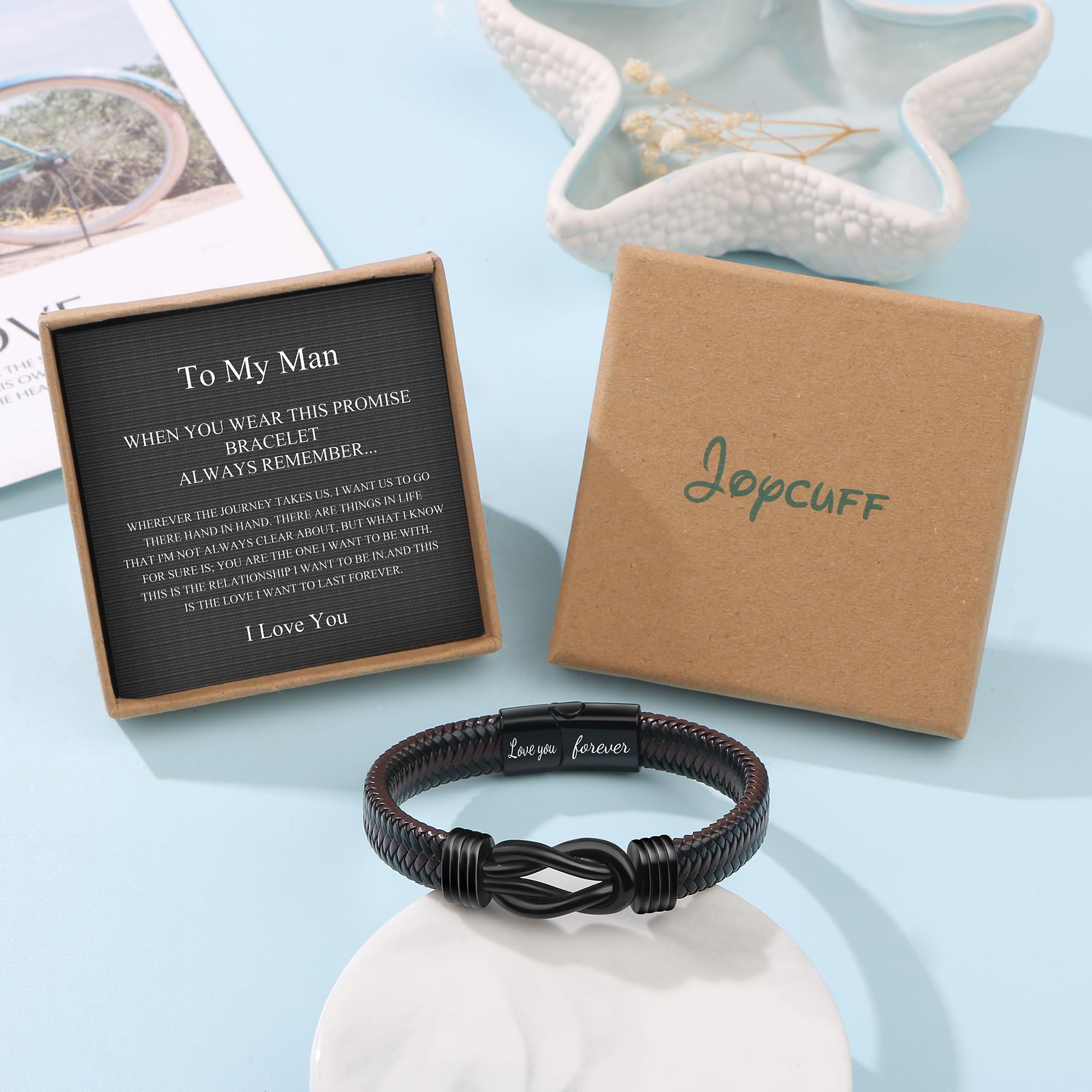 JoycuFF Valentines Day Anniversary Birthday Gifts Bracelets for Men Him Husband Boyfriend from Wife Girlfriend, Husband Boyfriend Unique Gifts Ideas, Christmas Fathers Day Mens Leather Knot Bracelet