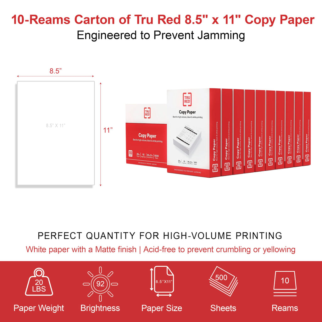 TRU RED 8.5x11 Copy Paper 20 lb. 92-Bright 5000 Sheets/Carton, For Office, School & Home
