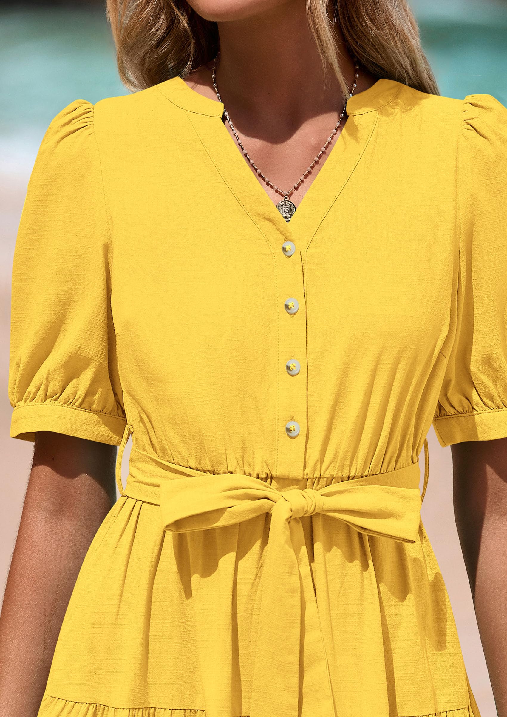 PRETTYGARDEN Summer Dresses for Women 2026 Elegant Classy Short Sleeve V Neck Ruffle A Line Belted Long Beach Vacation Dress (Yellow,XX-Large)