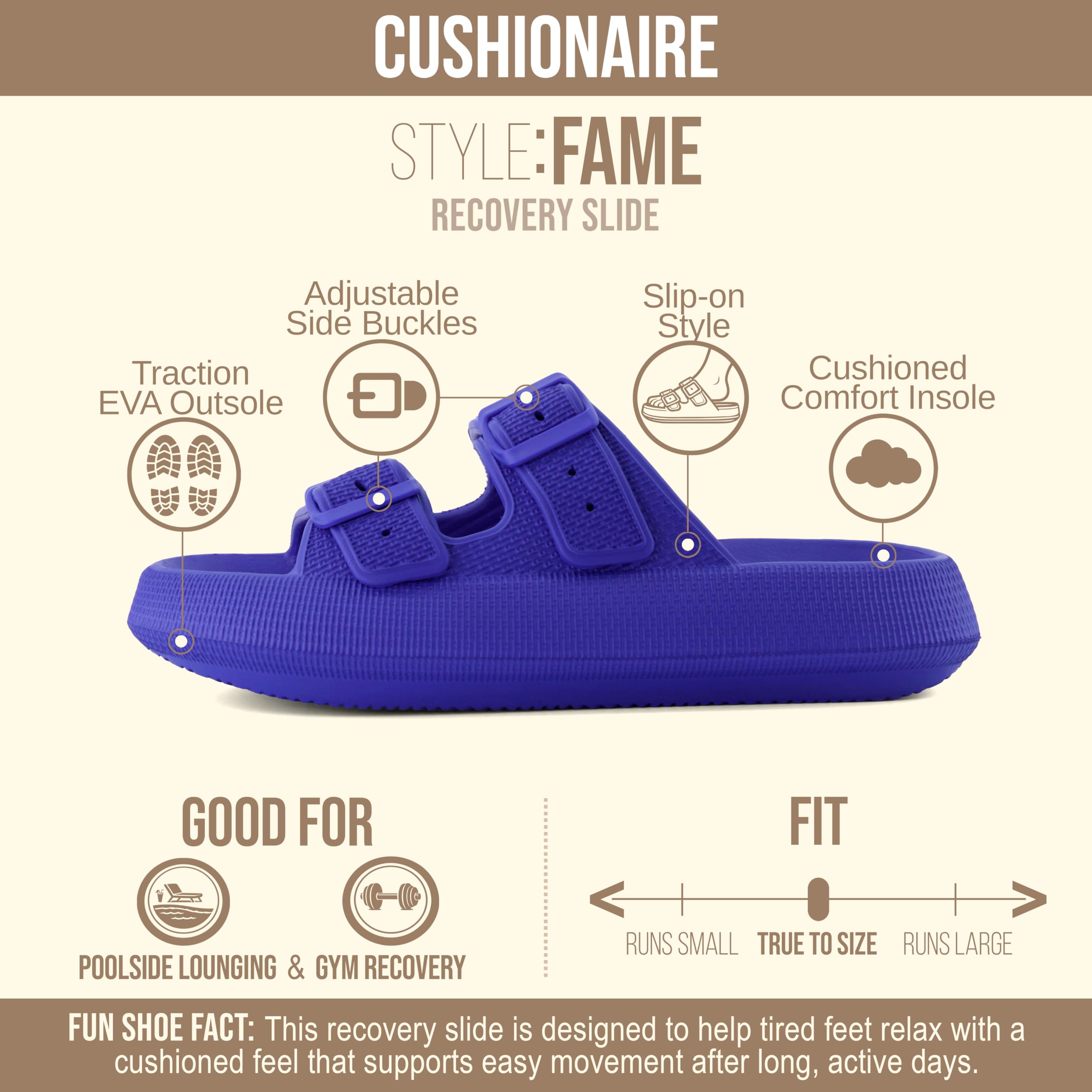 CUSHIONAIRE Fame Pillow Recovery Sandals for Women, Adjustable Double Buckle Waterproof EVA Cloud Slides for Women, BRIGHT BLUE 7