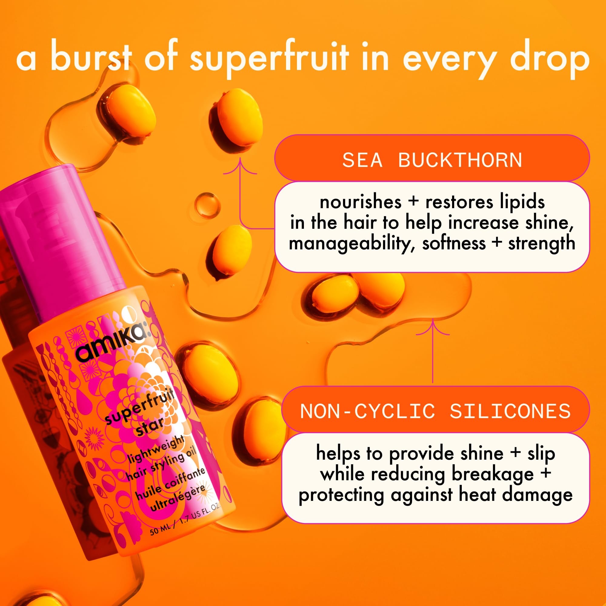amika superfruit star lightweight hair styling + heat defense oil, 1.7oz | heat protection, strengthen + reduce breakage, smooth frizz, add glossy shine