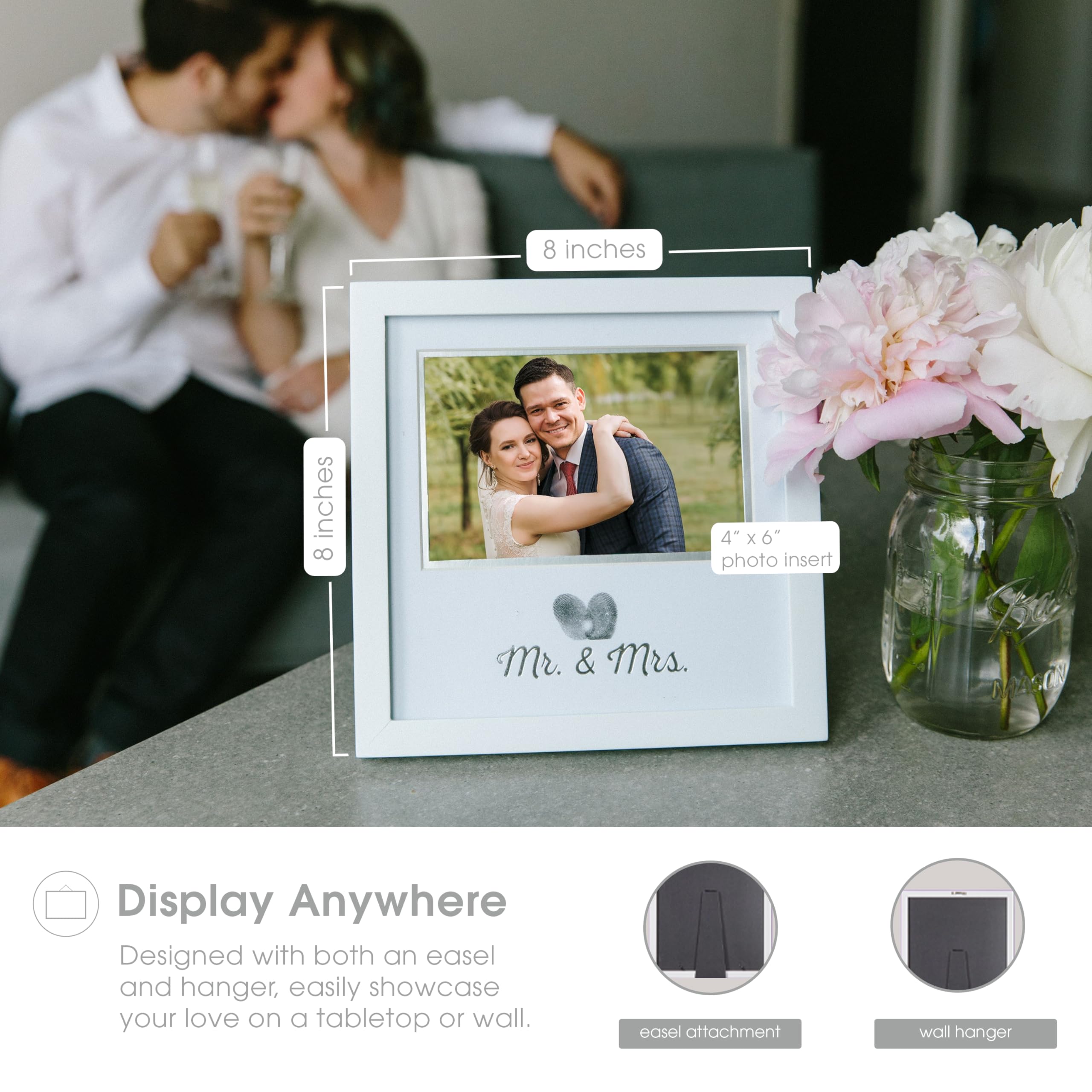 Pearhead Heart Thumbprint Photo Frame and Ink Kit, Wedding Keepsake Registry or Reception Idea, Clean-Touch Pad Included, Bridal Shower Gift, Wall Mount or Tabletop Display, 4x6 Photo, White