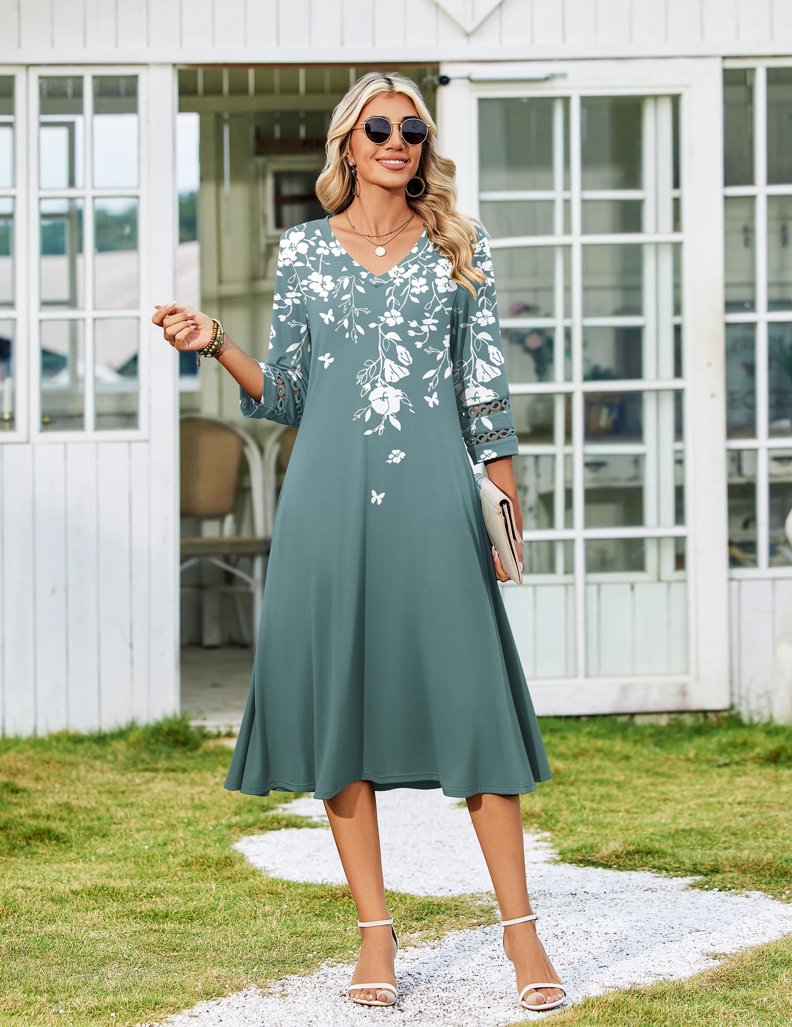 Zeagoo Summer Dress for Women Floral 3/4 Sleeve Midi Length Aline Elegant Loose Dress with Pockets Floral Print M