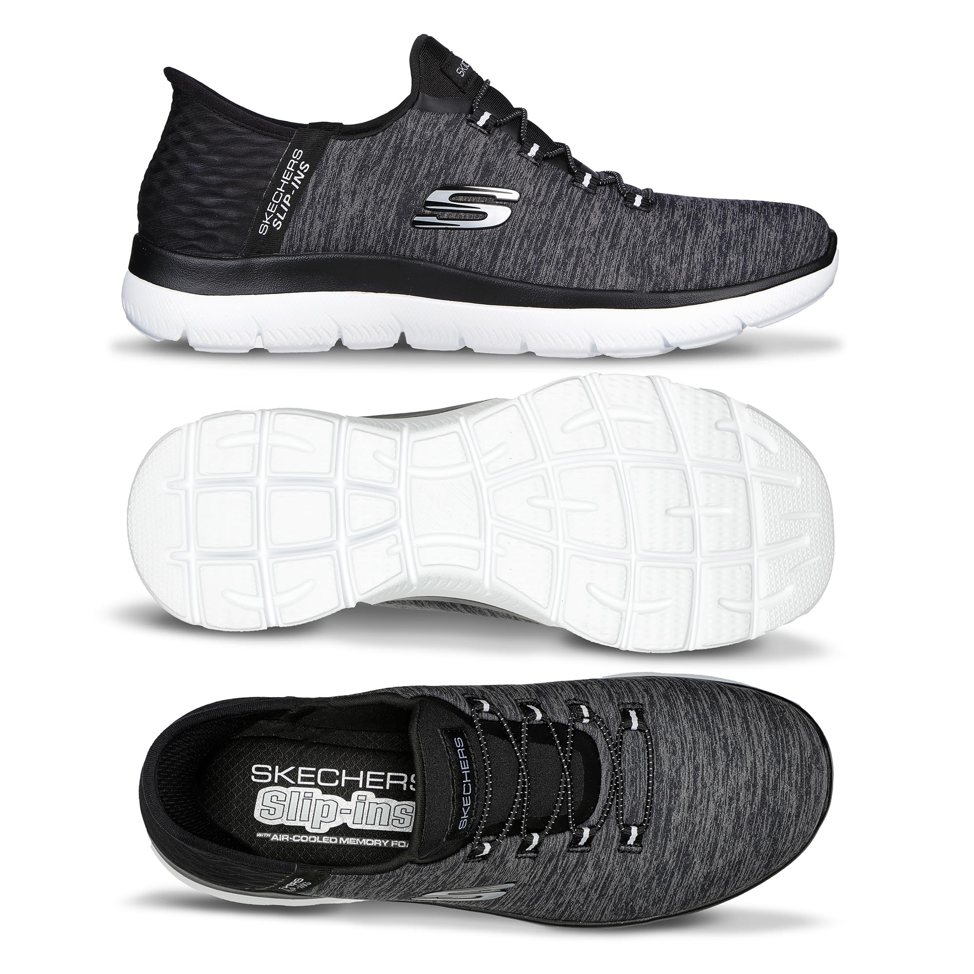 Skechers Women's Summits Hands-Free Slip-Ins – Memory Foam Insole, Heel Pillow, Vegan Materials Sneaker, Black White, 8
