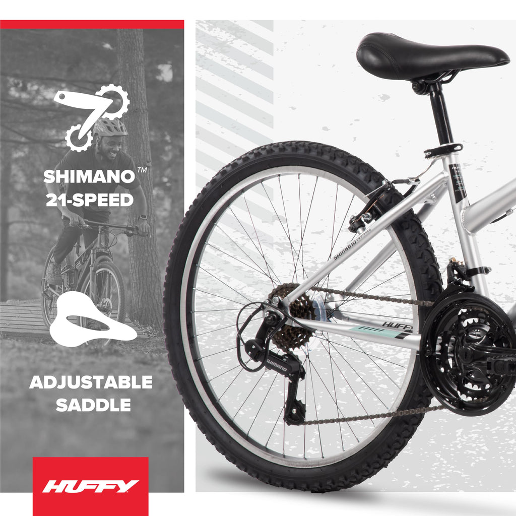 Huffy Stone Mountain Womens 24 Inch Mountain Bike, Metallic Nickel Frame, 21-Speed Shimano Twist Shifting, Front Suspension, Comfort Saddle | 20"/24"/26" Sizes, 6-21 Speeds, Dual Suspension Available