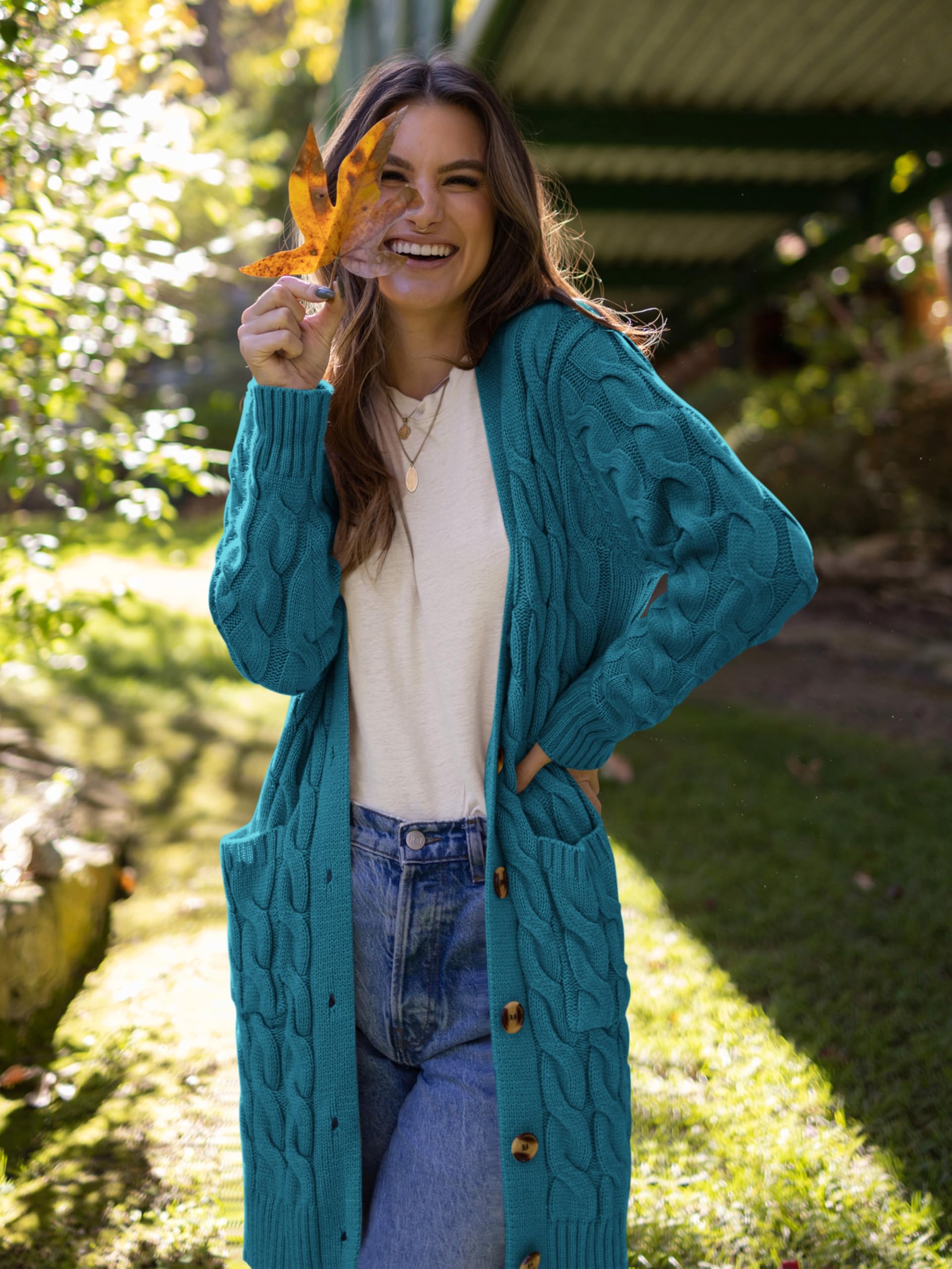 PRETTYGARDEN Long Sleeve Cable Knit Long Cardigan for Women 2026 Spring Winter Chunky Open Front Button Sweaters with Pockets(Cyan,Small)