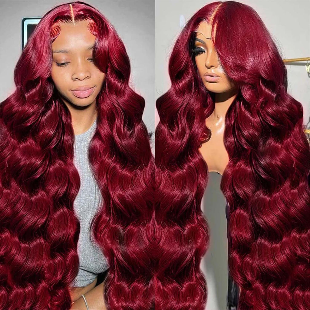 QZOQZO 28 Inch 99j Burgundy Lace Front Wigs Human Hair Red Burgundy Wig 180% Density 13x6 Body Wave Lace Front Wigs Pre Plucked Glueless Lace Front Wigs Human Hair for Women