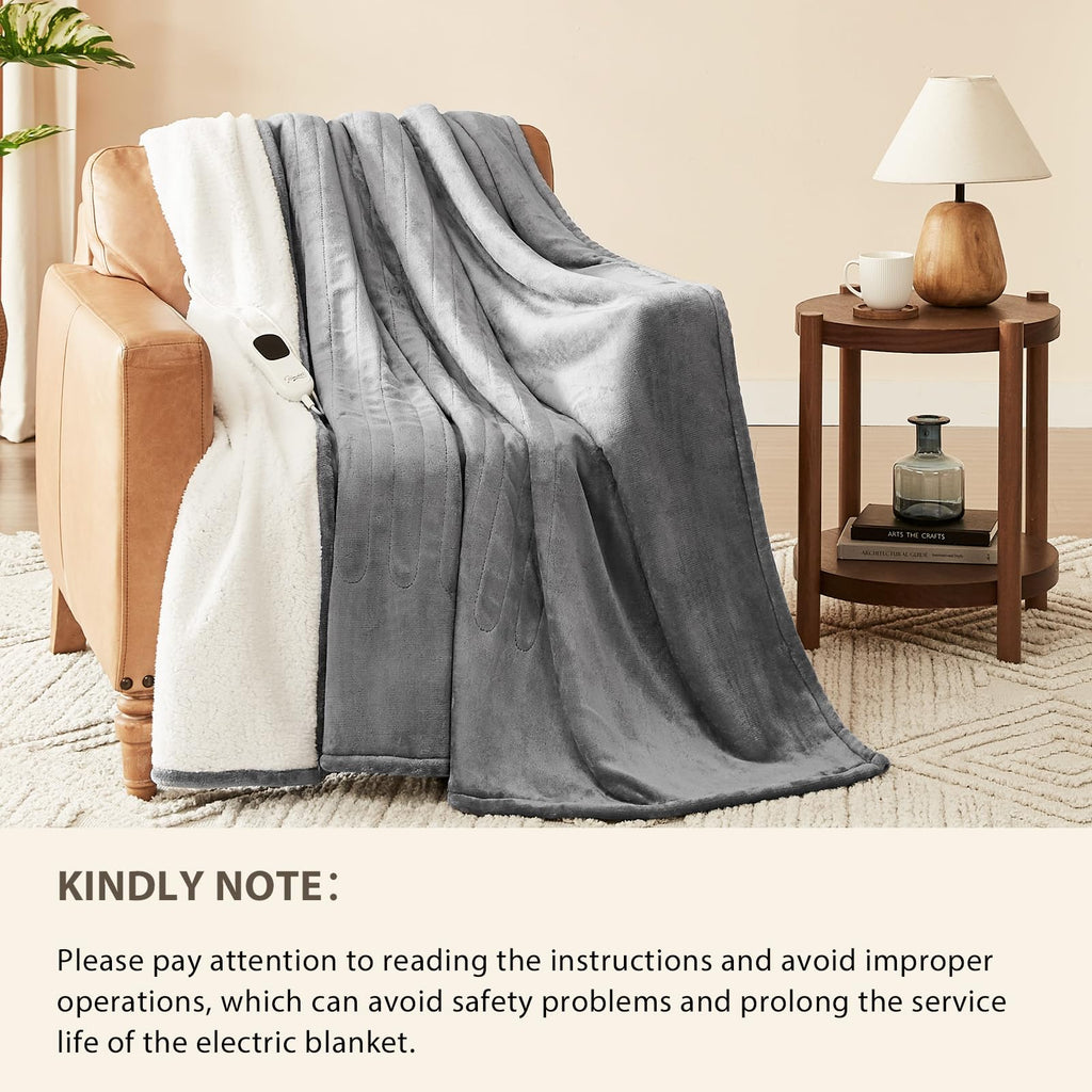 Homemate Heated Blanket Electric Throw - 50"x60" Heating Blanket Throw 1/2/4/6/8 Hours Auto-Off 10 Heat Level Over-Heat Protection Flannel Sherpa ETL Certification