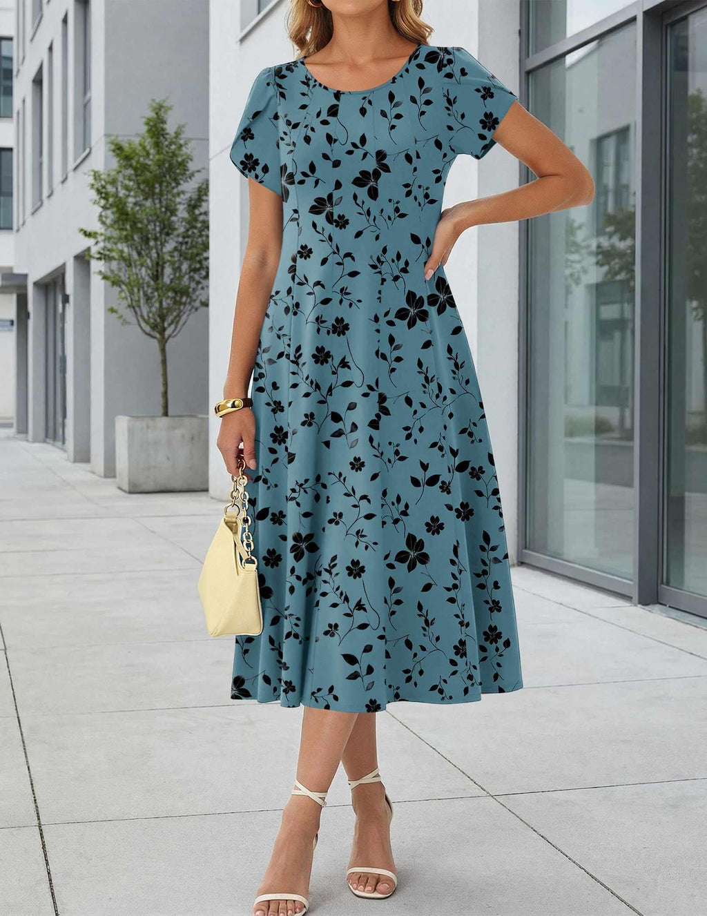HOTOUCH Casual Dresses for Women Short Sleeve Flare Midi Dress Womenss Summer Floral Dress A Line Dresses 2026 Sundress, Blue Green Floral,L