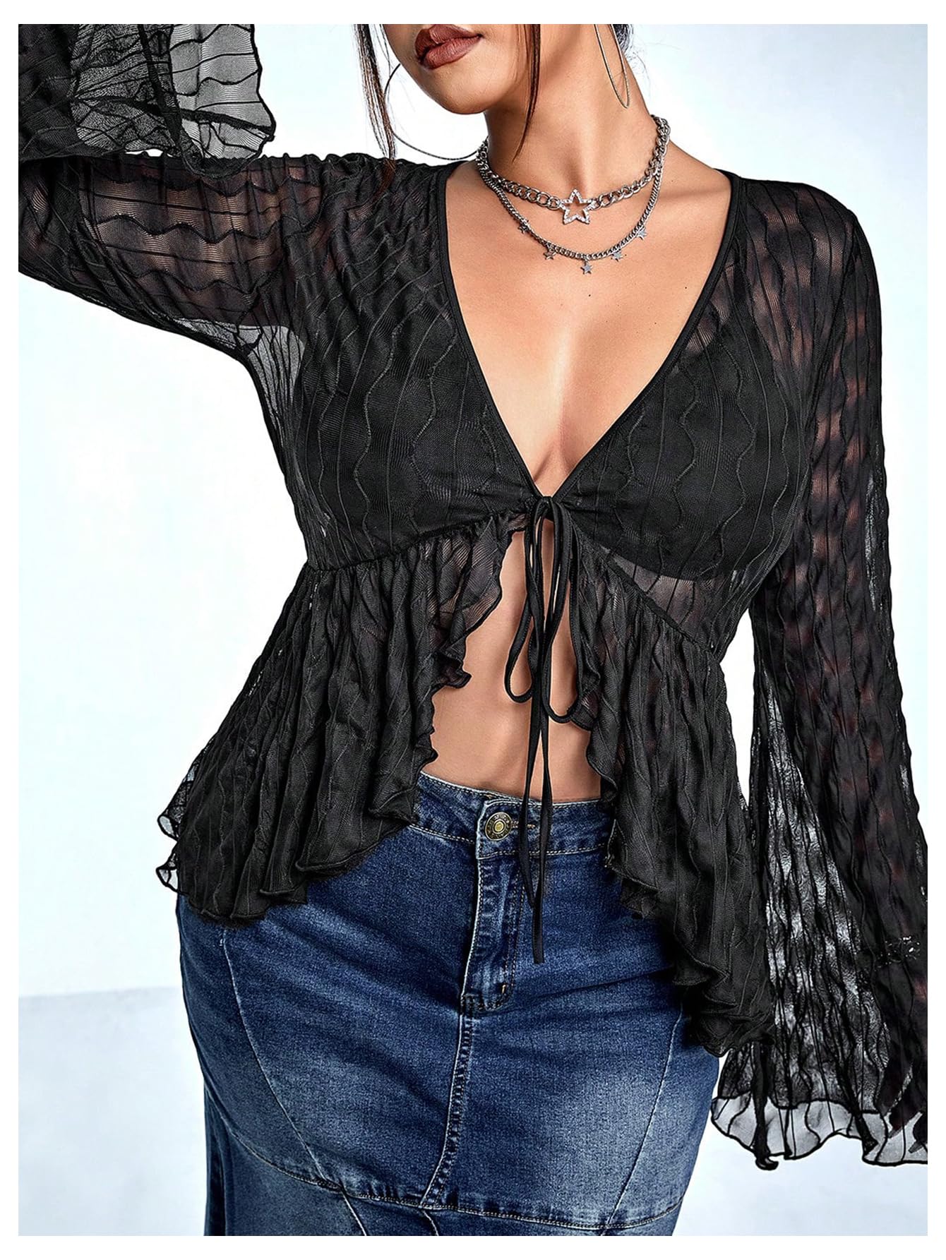 WDIRARA Women's Plus Size Sexy Sheer Mesh Tops Deep V Neck Bell Long Sleeve Tee Shirts Black X-Large Plus