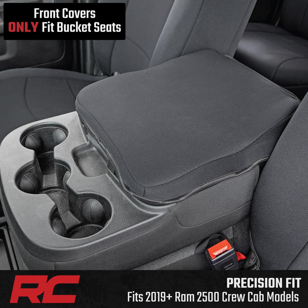 Rough Country Neoprene Seat Covers for Dodge Ram (2019-2024) - UV & Water Resistant, Foam Padded Truck Seat Covers - Full Set, Black, Front & Rear