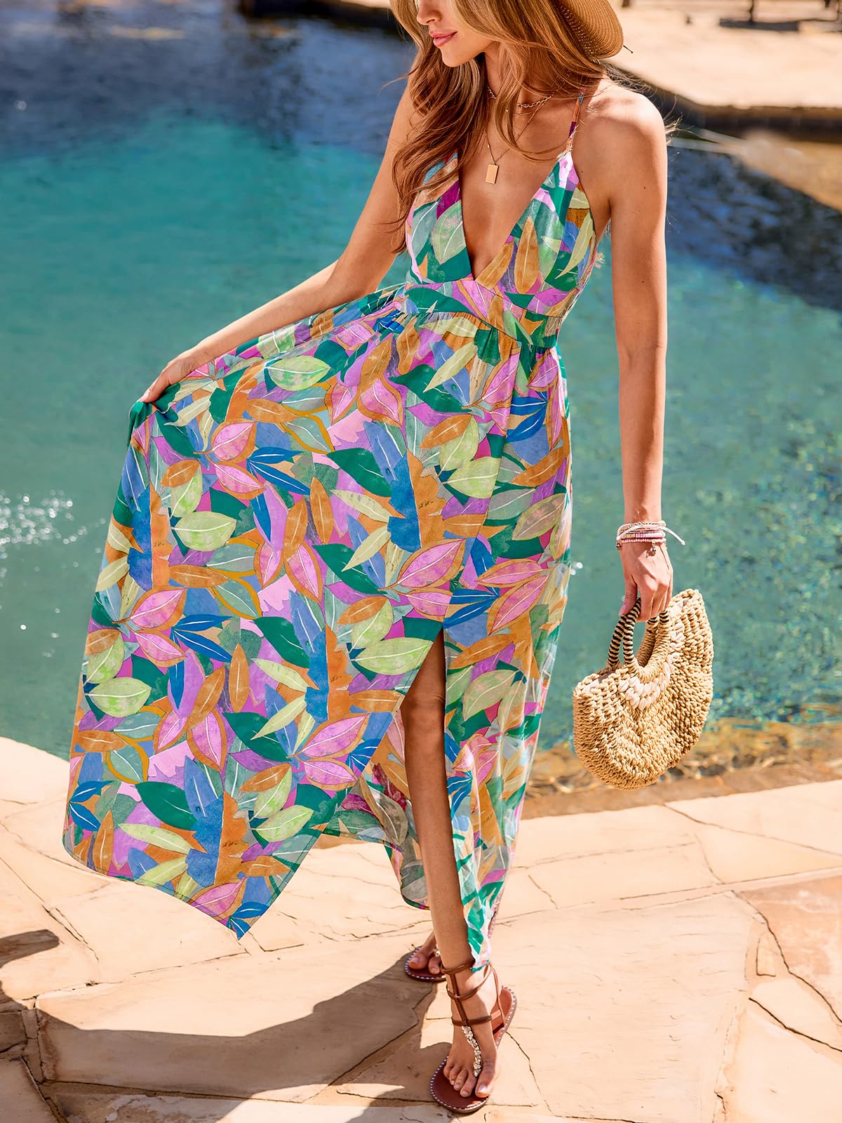 CUPSHE Womens Summer Maxi Dress 2026 Sleeveless Long Sundresses Spaghetti Strap Flowy Boho Beach Vacation Dress, Tropical M