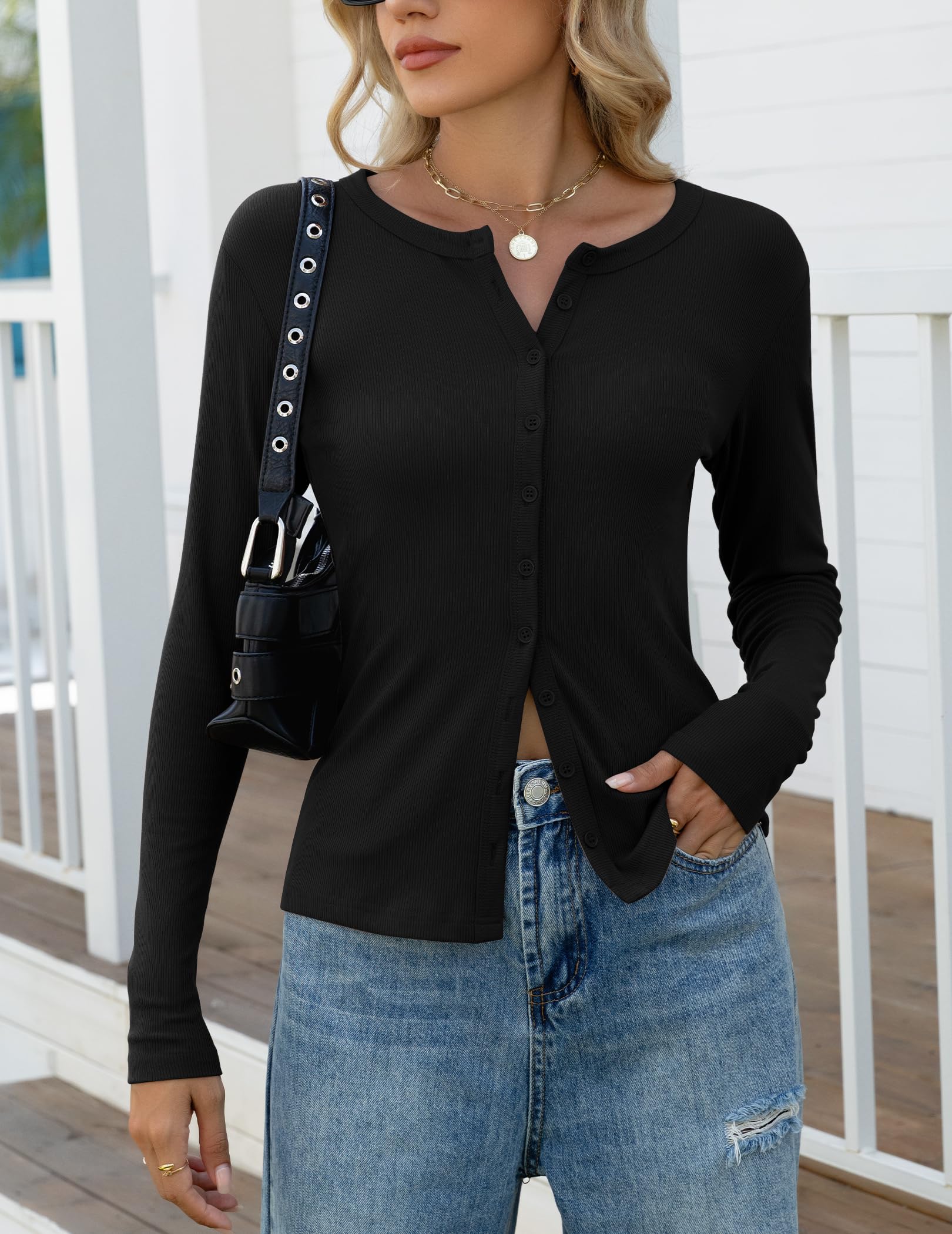 Gleeneat Long Sleeve Going Out Tops Button Down Up Ribbed Cardigan Sweaters for Women Trendy Black Cropped Fall Crop Light Weight Basic Cardigans Knit Shirts 2025 Cute Spring Outfits