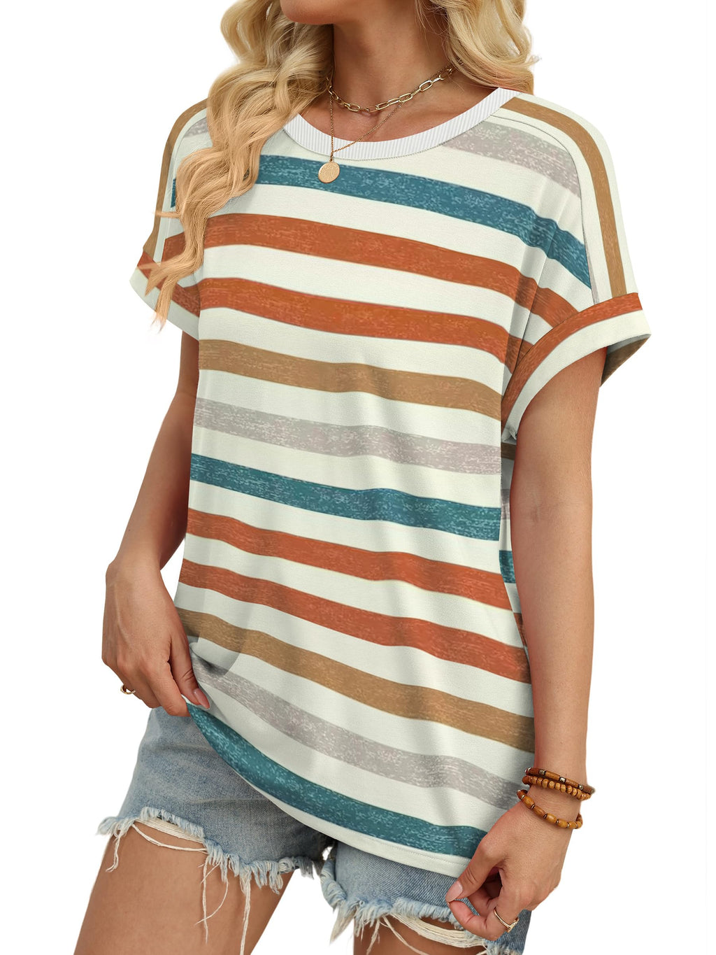 WIHOLL Womens Tops Summer Outfits 2026 Spring Clothes Boho Vacation Travel Cruise Essentials Fashion Trendy Short Sleeve T Shirts Clothing Orange Stripes L