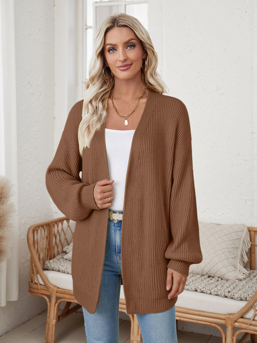 Libsorge Womens Long Cardigan Sweaters for Women Fall Winter Spring 2025 Trendy Outfits Chunky Waffle Knit Oversized Open Front Dressy Casual Lightweight Long Sleeve Cardigans Sweater Coffee Brown S
