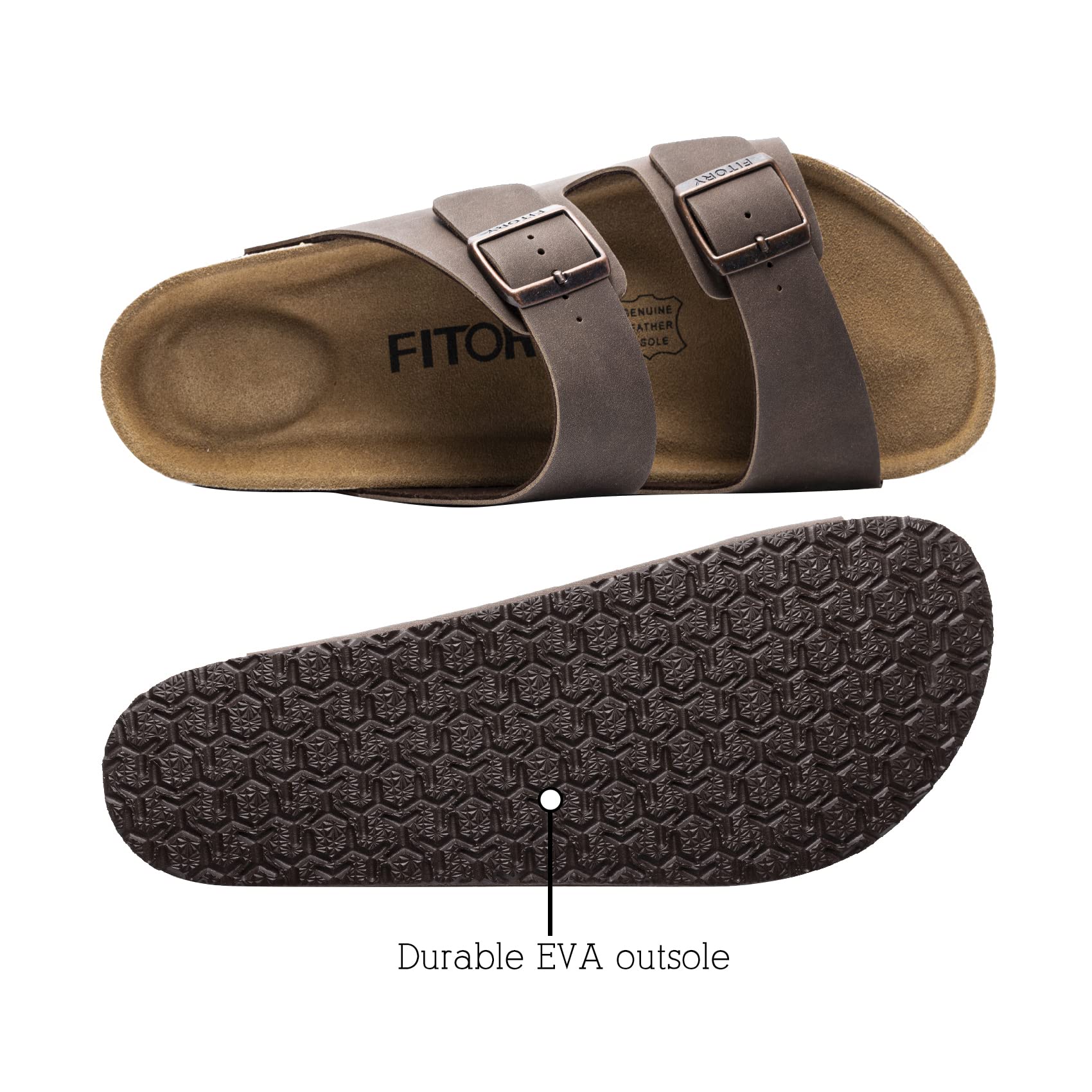 FITORY Mens Leather Insole Sandals with Two Buckles,Open Toe Slides for Indoor and Outdoor Brown Size 10-10.5