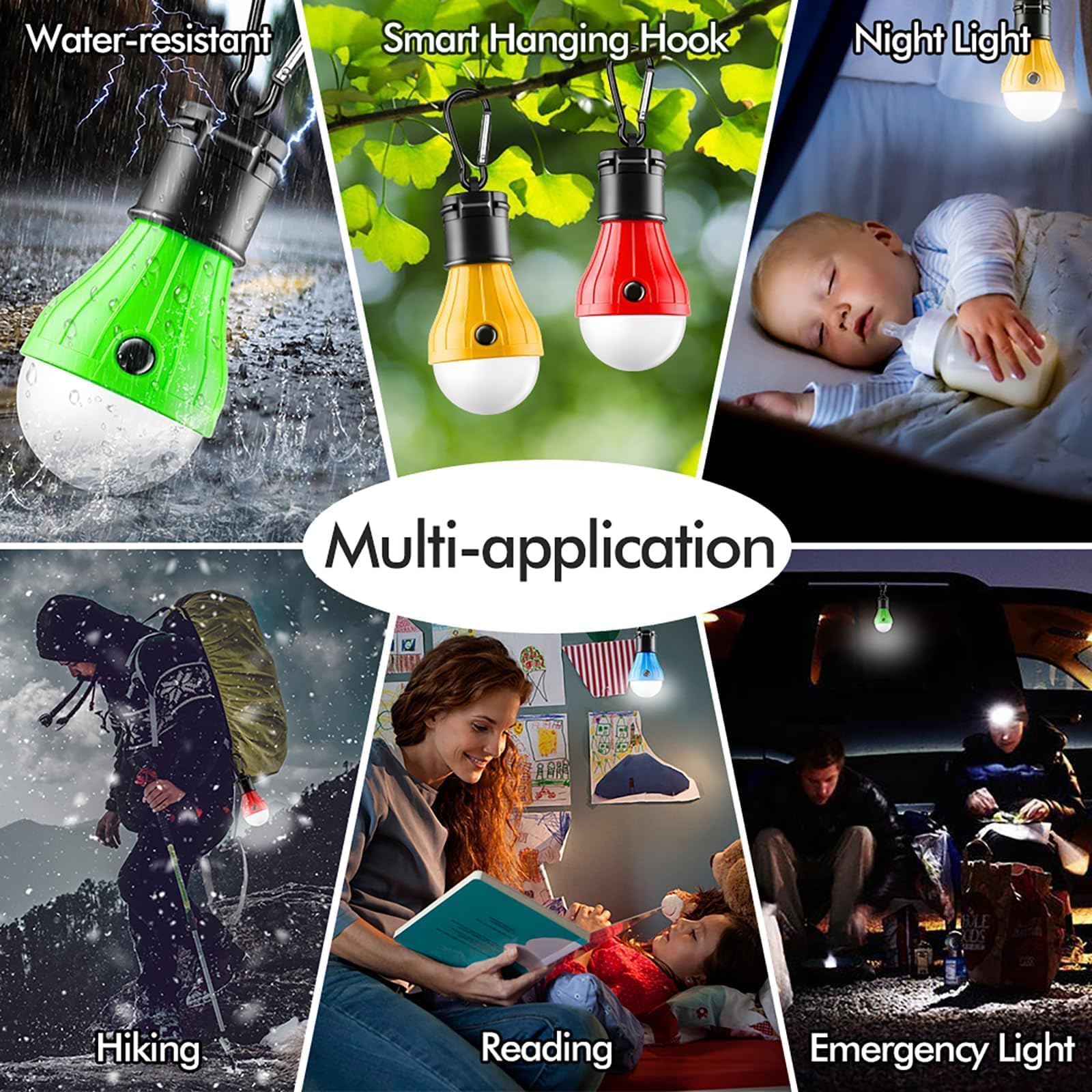 FLY2SKY Portable LED Tent Lamp, Clip Hook Hurricane Emergency Light Bulb, Camping Equipment Lanterns for Hiking, Backpacking Outage, B-CLOSED-HOOK, 4 Packs