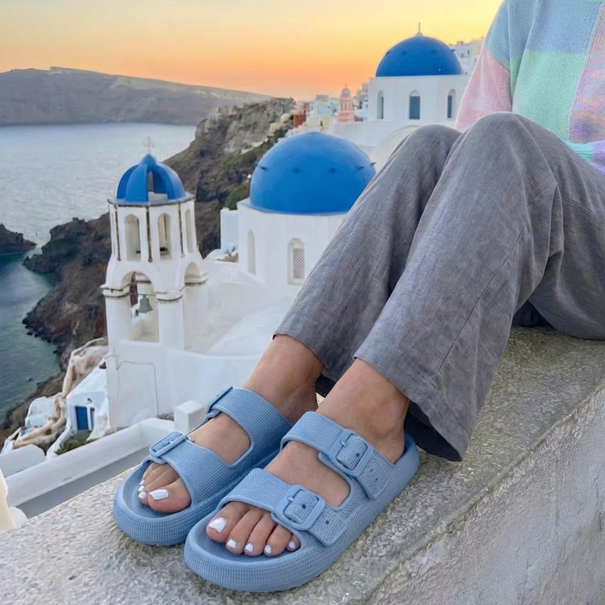 CUSHIONAIRE Fame Pillow Recovery Sandals for Women, Adjustable Double Buckle Waterproof EVA Cloud Slides for Women, BLUE 5