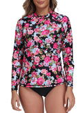 Halcurt Womens Long Sleeve Rash Guard Swim Shirts with Built in Bra UPF50+ Sun Protection Swimsuit Top Black Pink Floral M