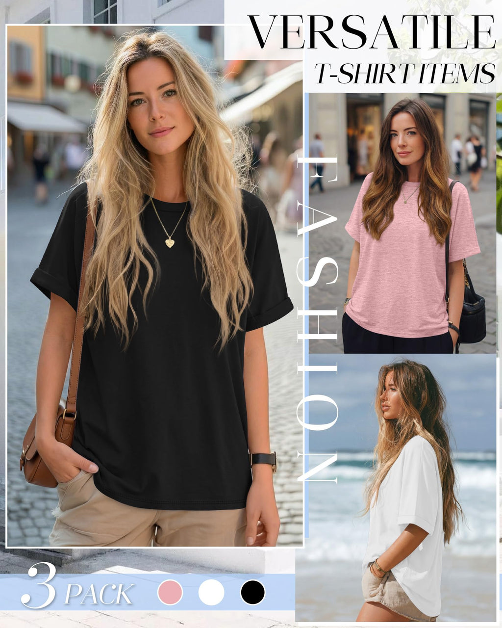 Riyiper 3 Pack Women's Oversized T-Shirt Half Sleeve Summer Tees Casual Loose Fit Crew Neck Basic Tops(Black, White, Pink,Medium)