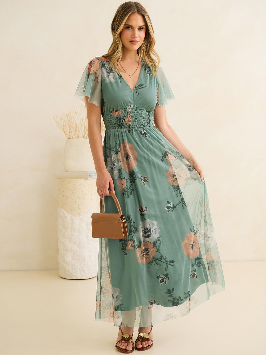 ANRABESS Women Summer Floral Maxi Dress Short Sleeve Boho Flowy Tulle Beach Vacation Wedding Guest 2026 Party Long Dresses Dusty Olive Floral Medium