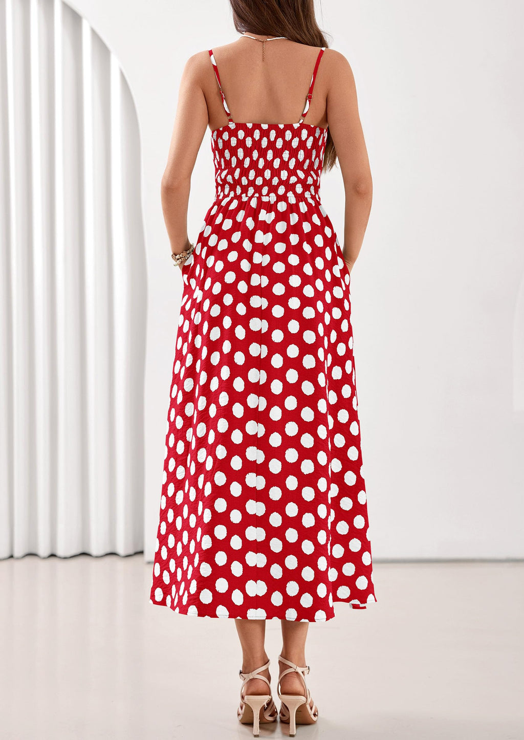 PRETTYGARDEN Womens Polka Dot Dress 2026 Summer Spaghetti Strap Smocked Sundress Beach Vacation Wedding Guest Midi Dresses(Red,X-Small)