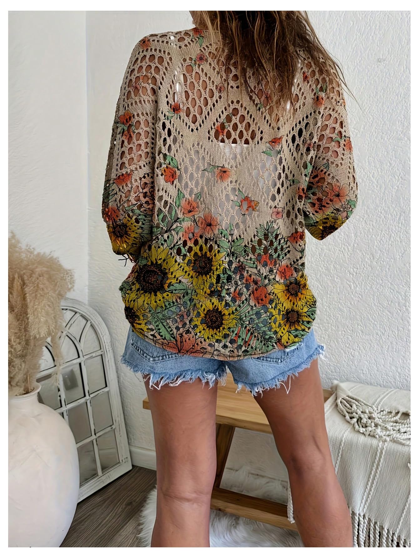 WDIRARA Women's Floral Crochet Sweaters 3/4 Sleeve Hollow Out Pullover Loose Knit Tops Khaki Small
