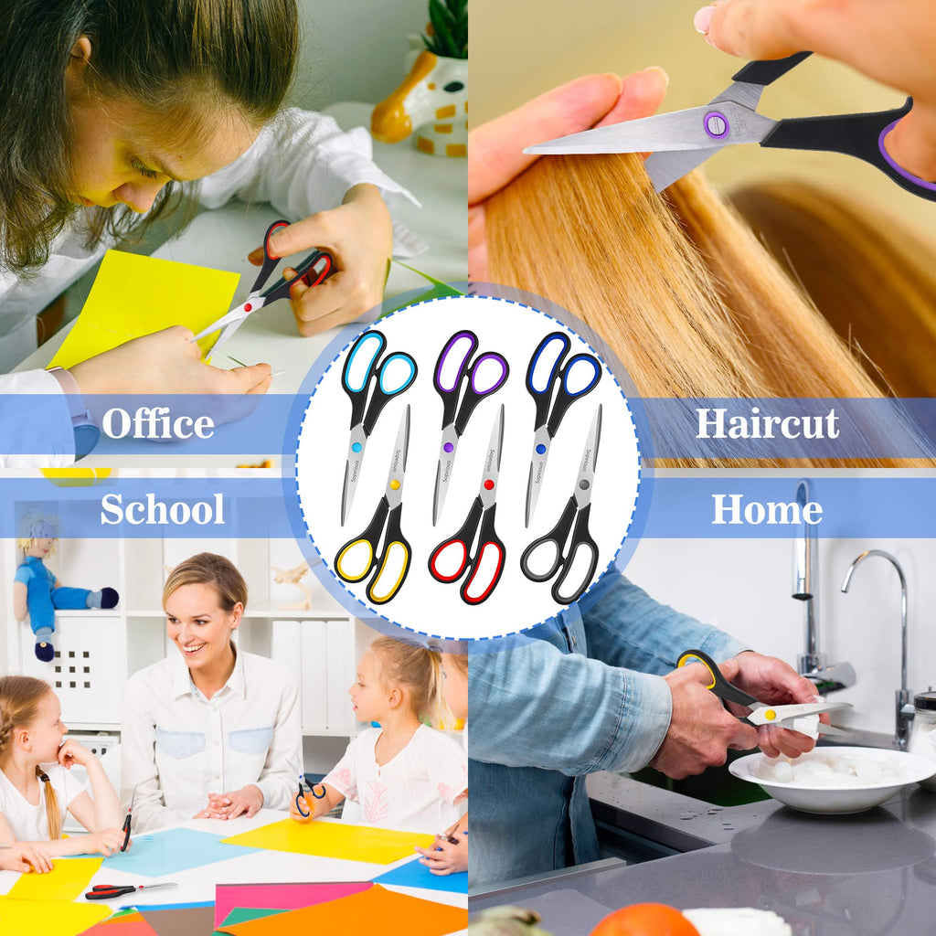 Scissors Set of 6-Pack, 8" Scissors All Purpose Comfort-Grip Handles, Sharp Scissor for Office Home School Craft Sewing Fabric Supplies, High/Middle School Student Teacher, Right/Left Hand