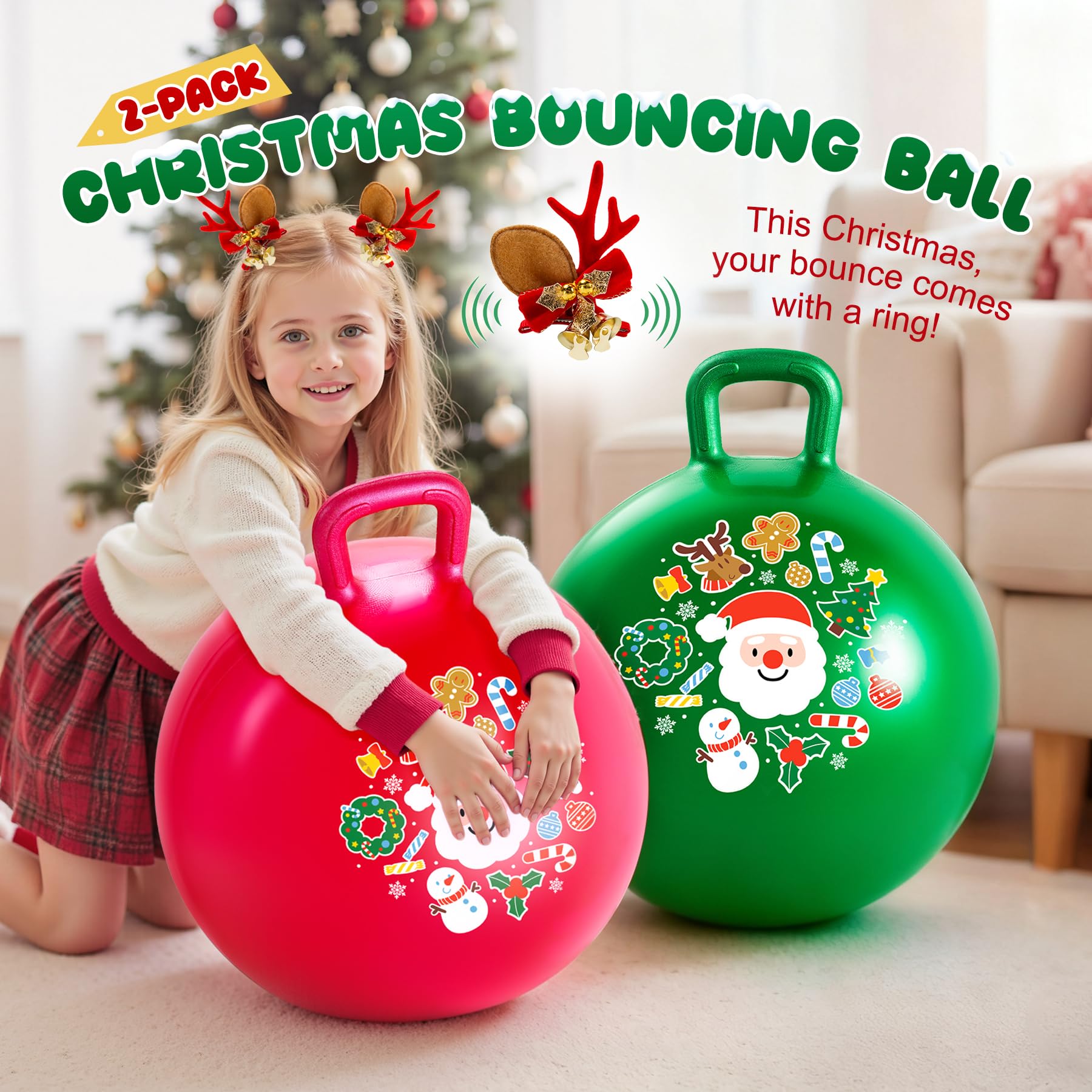 ZOOJOY Hopper Ball 2-Pack Set for Girls&Boys 3-8 with Free Hair Clips, Festive Red & Green 18in Bouncy Ball with Handle for Kids, Christmas Toys Indoor and Outdoor Play Includes Pumps