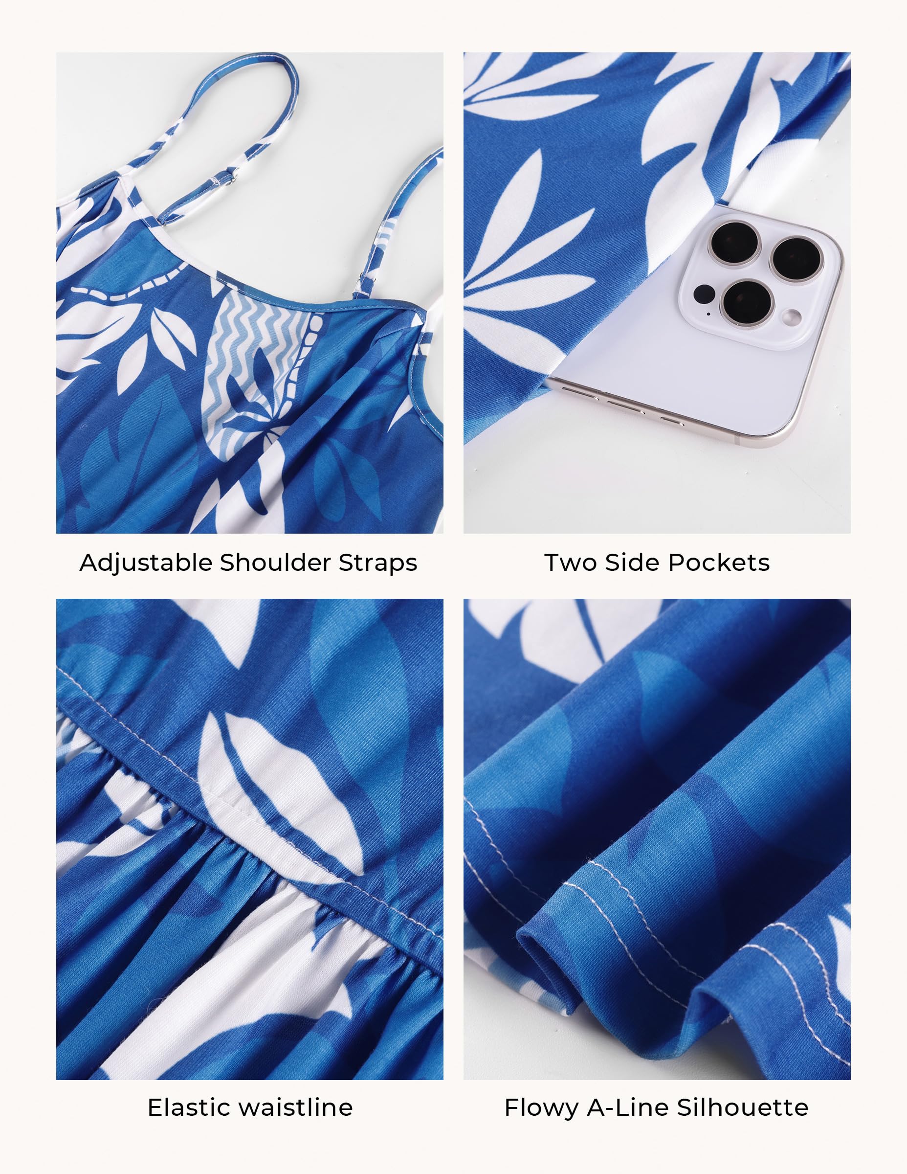 GRACE KARIN Summer Floral Maxi Sundresses for Women 2026 Spaghetti Strap Beach Boho Dress Casual Fashion Clothes with Pocket Blue White XL