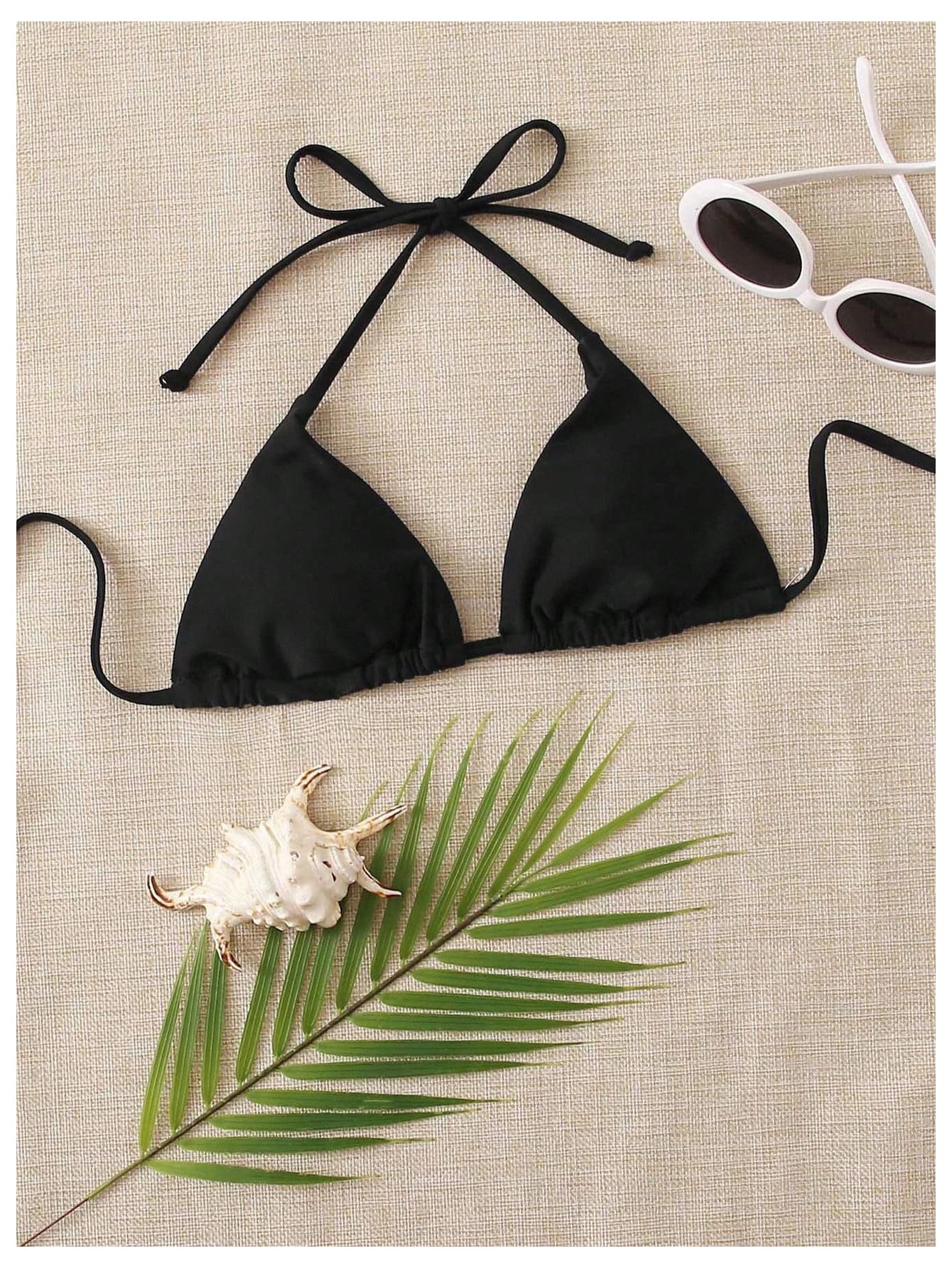 WDIRARA Women's Solid Triangle Bikini Top Sexy Halter String Micro Bathing Suits Tops Black Small