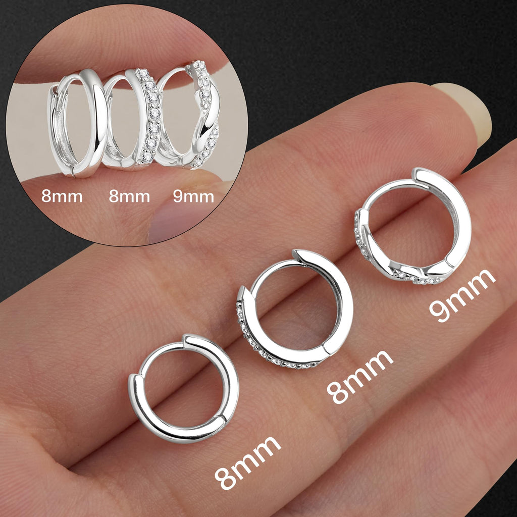 Inerney 925 Sterling Silver Huggie Hoop Earrings Set for Women, Dainty Small Cartilage Hoops Hypoallergenic Jewelry for Multiple Piercings, Trendy Twisted Mini Earring Stacks Gift for Sensitive Ears