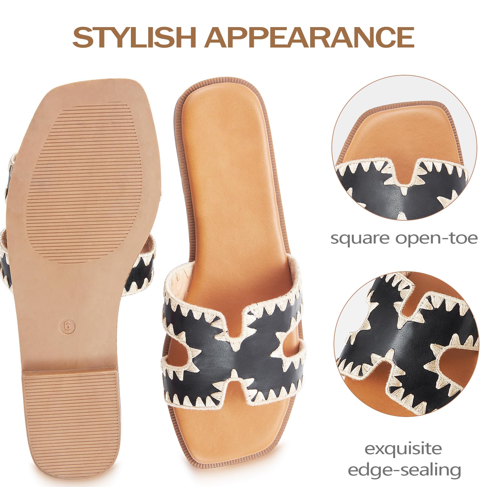 KENMITDY Womens Sandals Slip On Fashion Flat Sandals Soft Memory Foam Slides Comfortable Leather Open Toe Slide For Summer Dressy 2026 Black Size 7